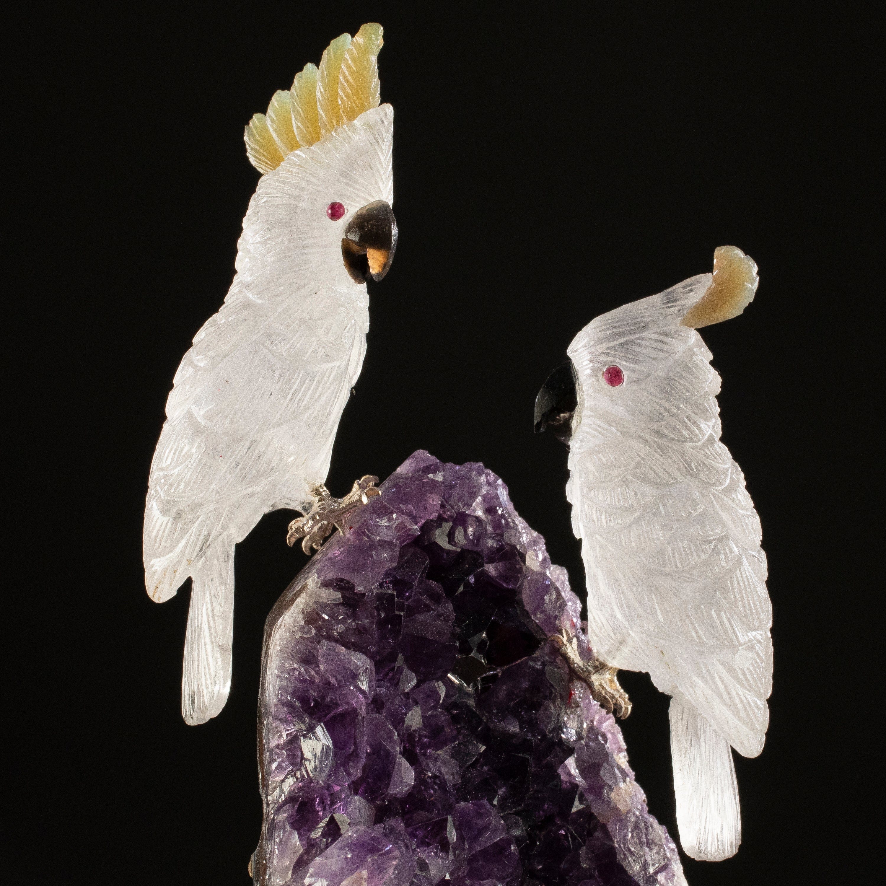 KALIFANO Love Birds Carvings Peter Muller Quartz Cockatoo Couple Carving on Amethyst Geode Base LB.C405.015