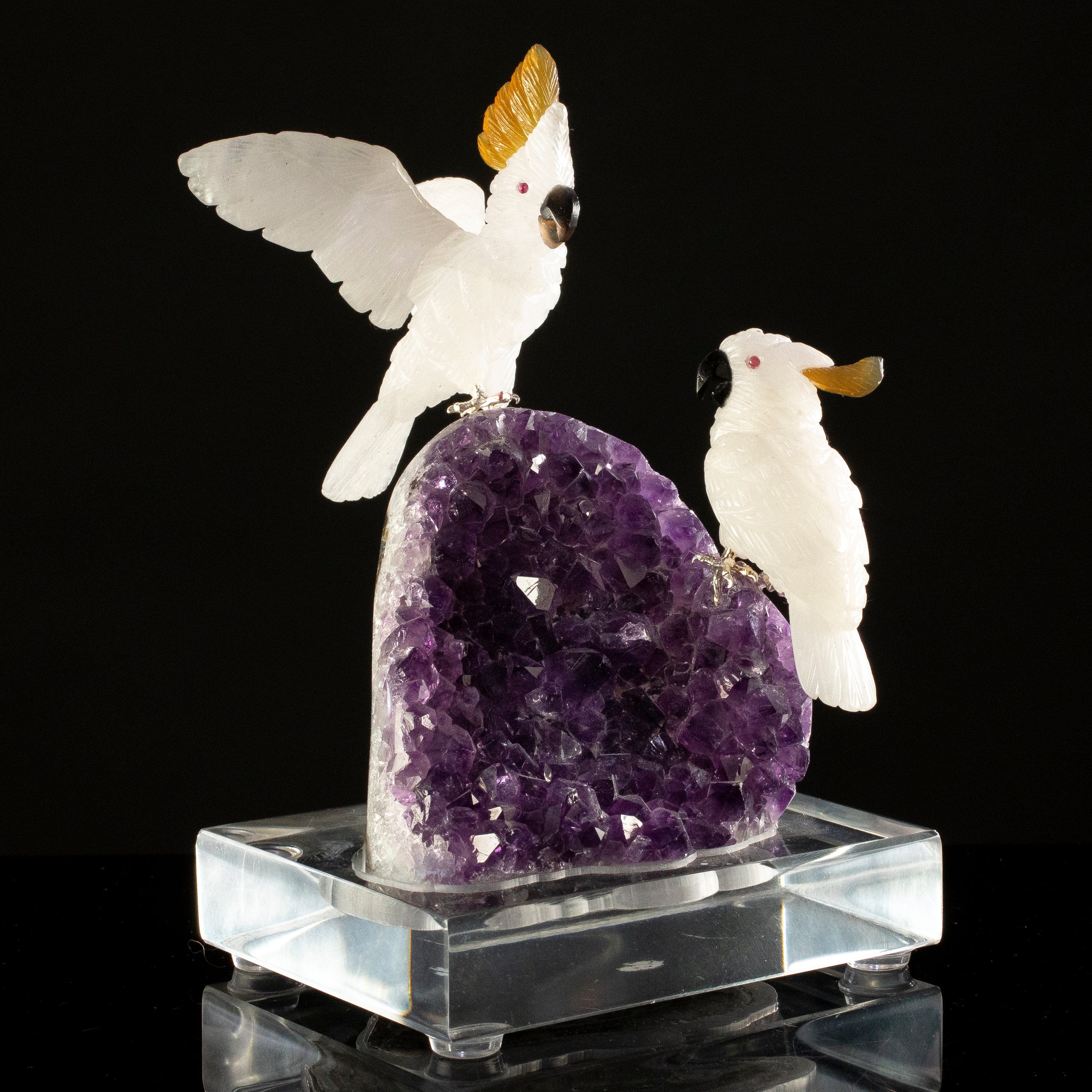 KALIFANO Love Birds Carvings Peter Muller Quartz Cockatoo Couple Carving on Amethyst Geode Base LB.C405.019