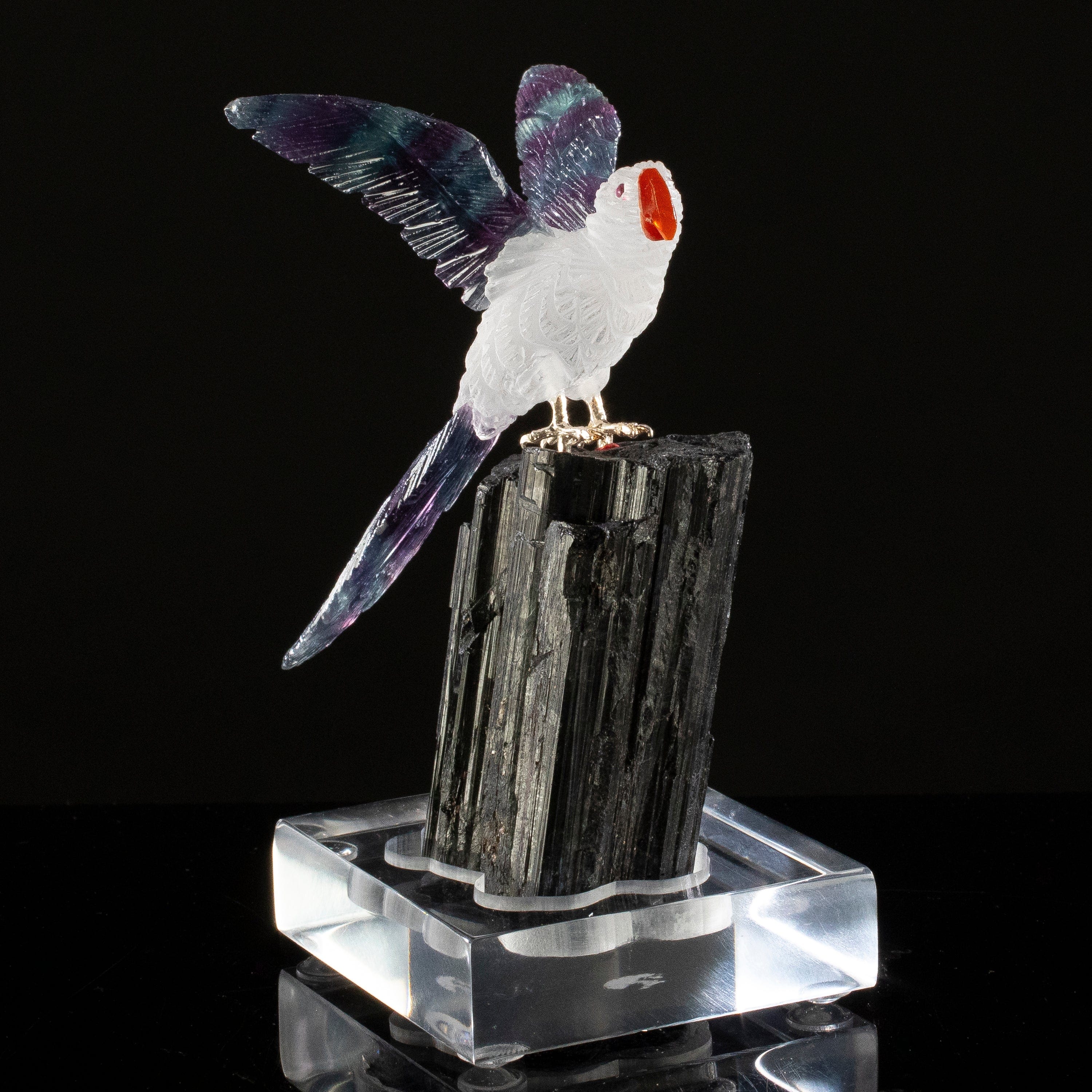 KALIFANO Love Birds Carvings Peter Muller Quartz & Fluorite Macaw Carving on Black Tourmaline Base LB.C126.016