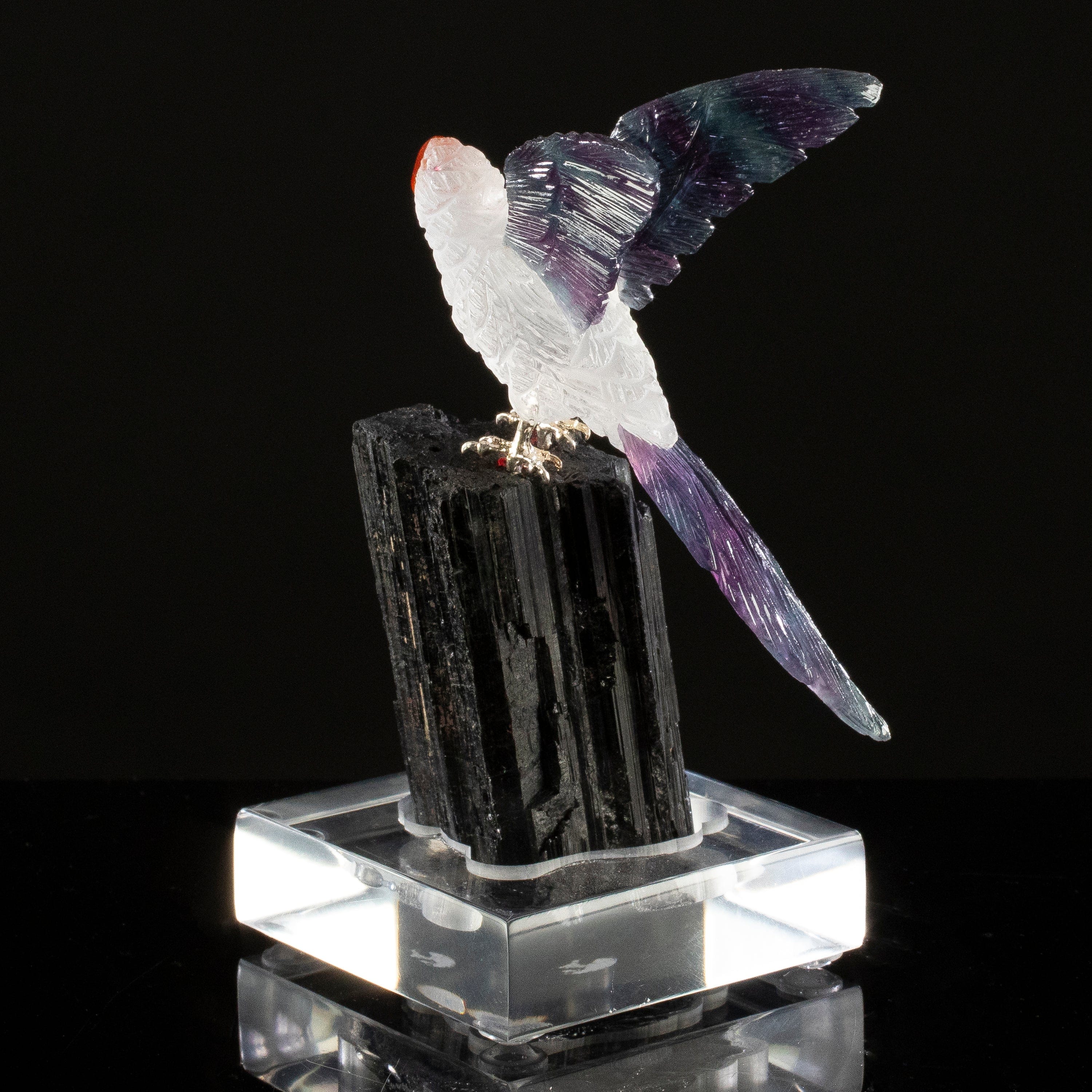 KALIFANO Love Birds Carvings Peter Muller Quartz & Fluorite Macaw Carving on Black Tourmaline Base LB.C126.016