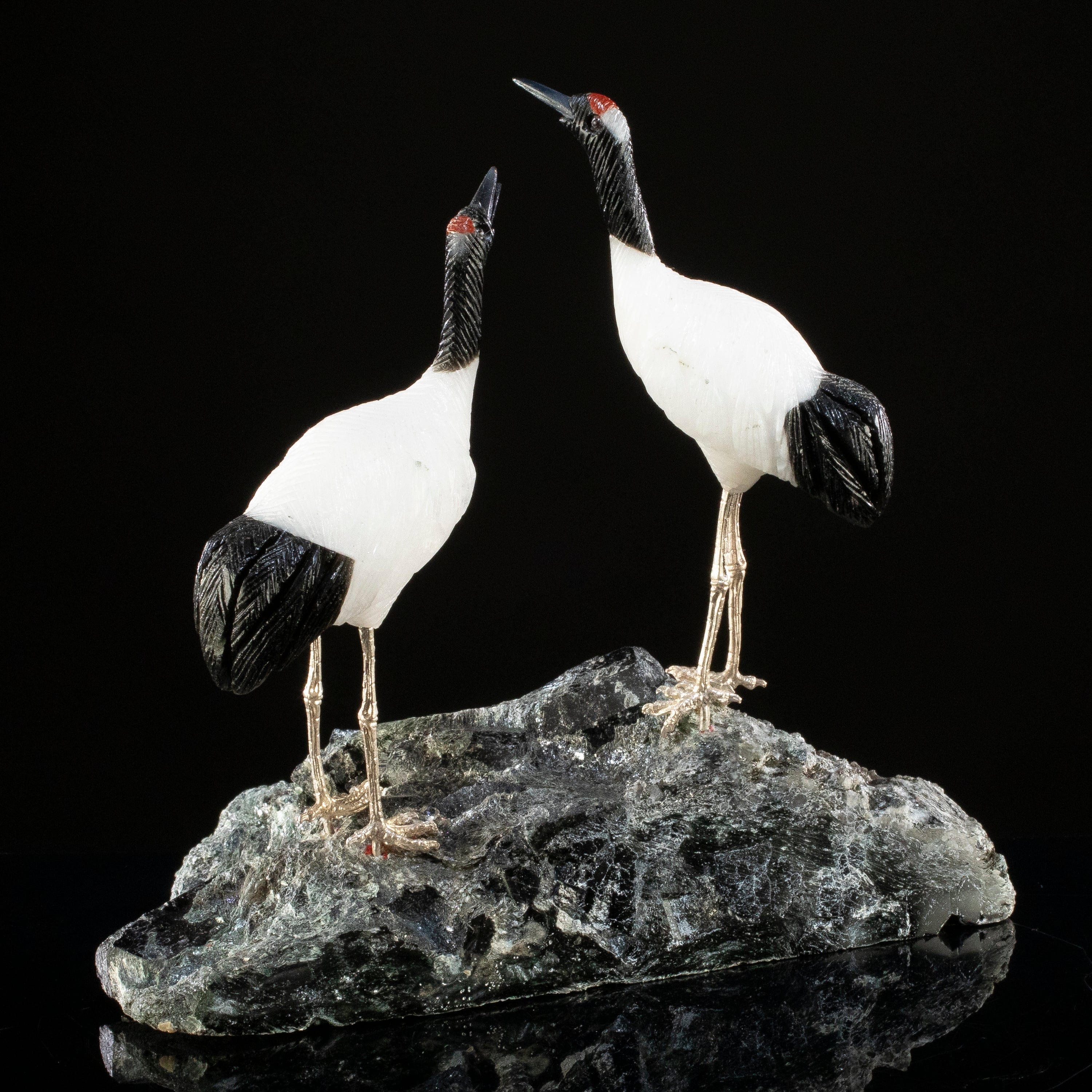 KALIFANO Love Birds Carvings Peter Muller Quartz & Obsidian Crane Couple Carving on Mica & Black Tourmaline Base LB.A243.002