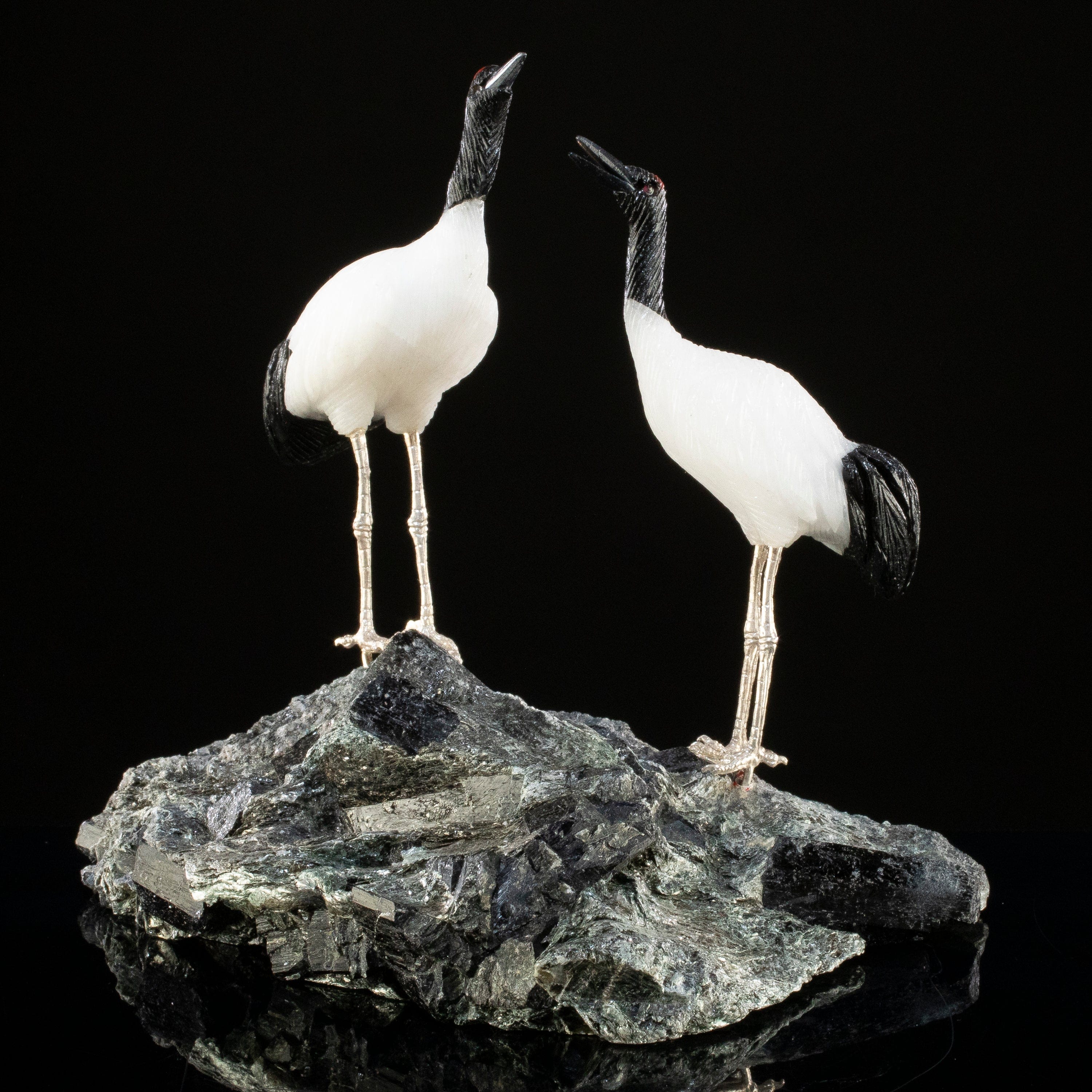 KALIFANO Love Birds Carvings Peter Muller Quartz & Obsidian Crane Couple Carving on Mica & Black Tourmaline Base LB.A243.002