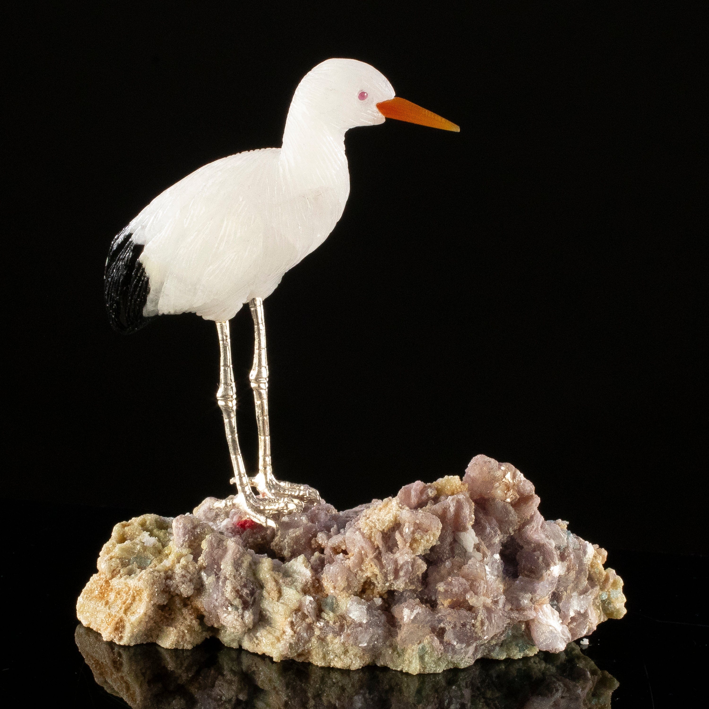 KALIFANO Love Birds Carvings Peter Muller Quartz & Obsidian Stork Carving on Tourmaline Base LB.A124.004