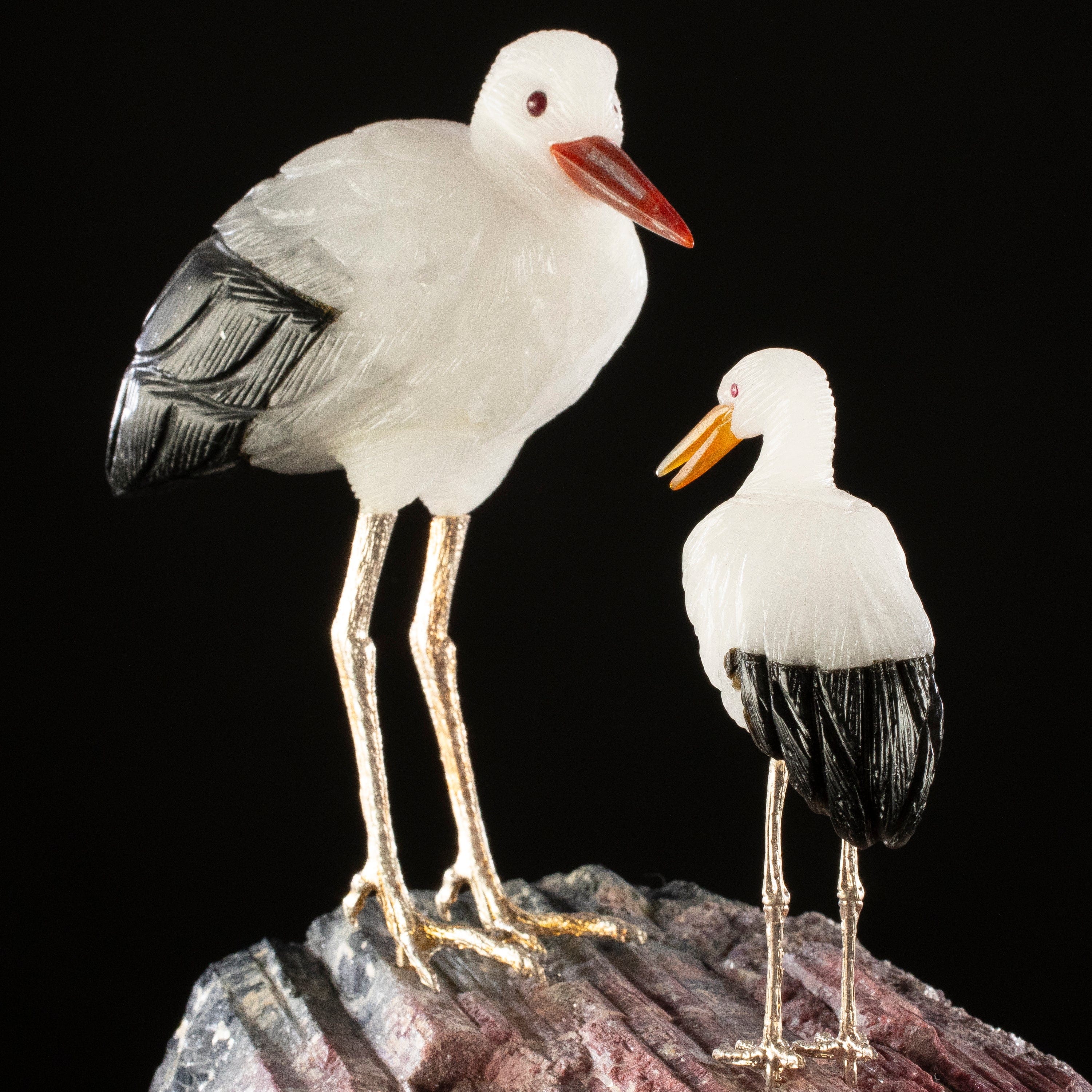 KALIFANO Love Birds Carvings Peter Muller Quartz & Obsidian Stork Couple Carving on Tourmaline Base LB.A108.001