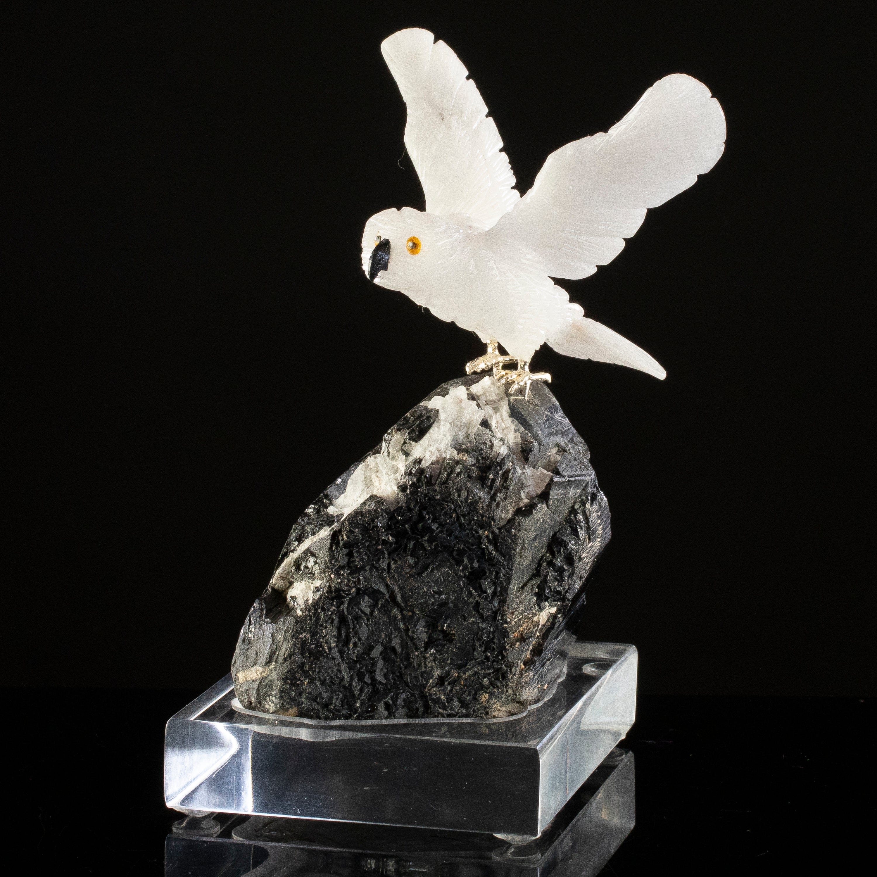 KALIFANO Love Birds Carvings Peter Muller Quartz Owl Carving on Black Tourmaline Base LB.C103.015