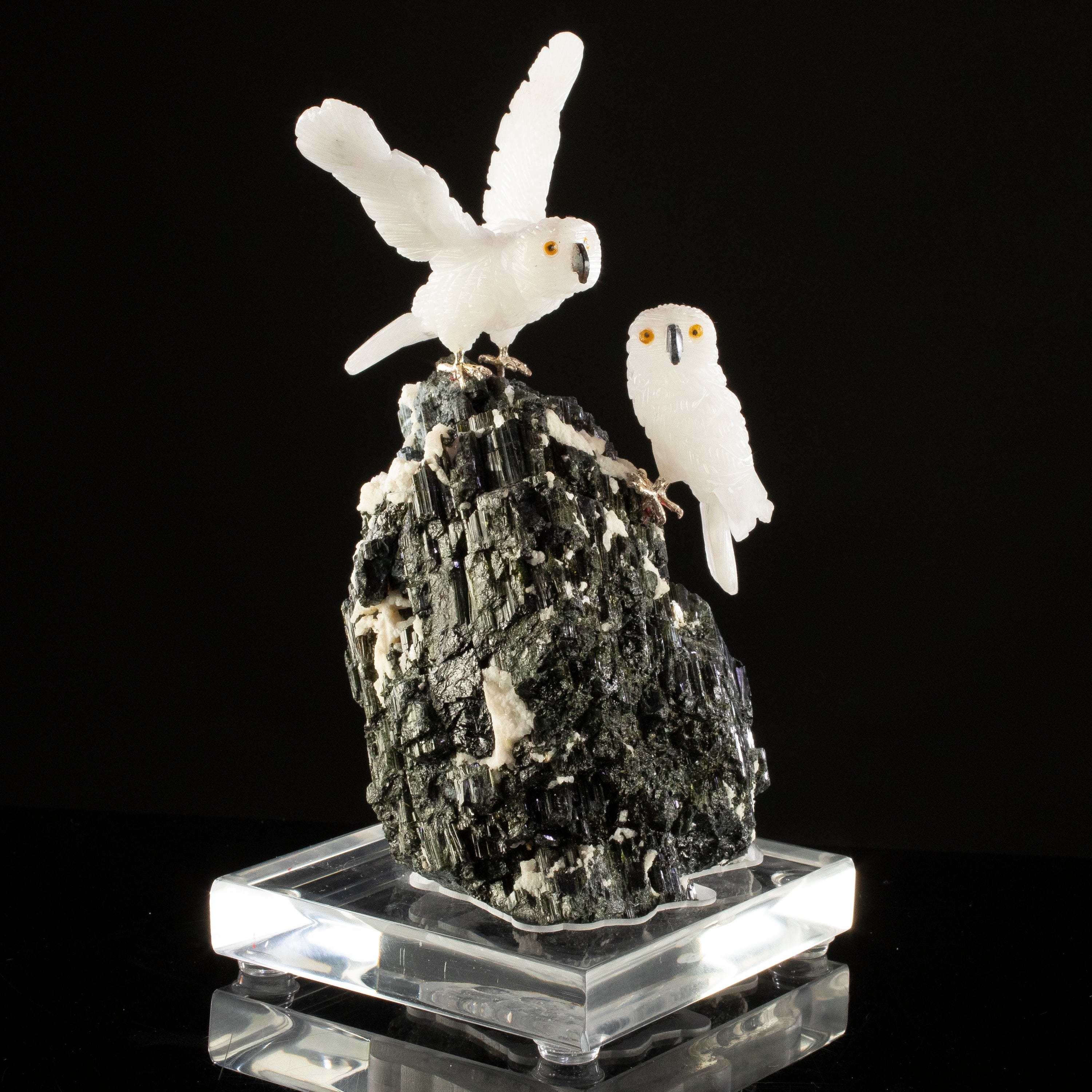 KALIFANO Love Birds Carvings Peter Muller Quartz Owl Couple Carving on Tourmaline Base LB.C203.005