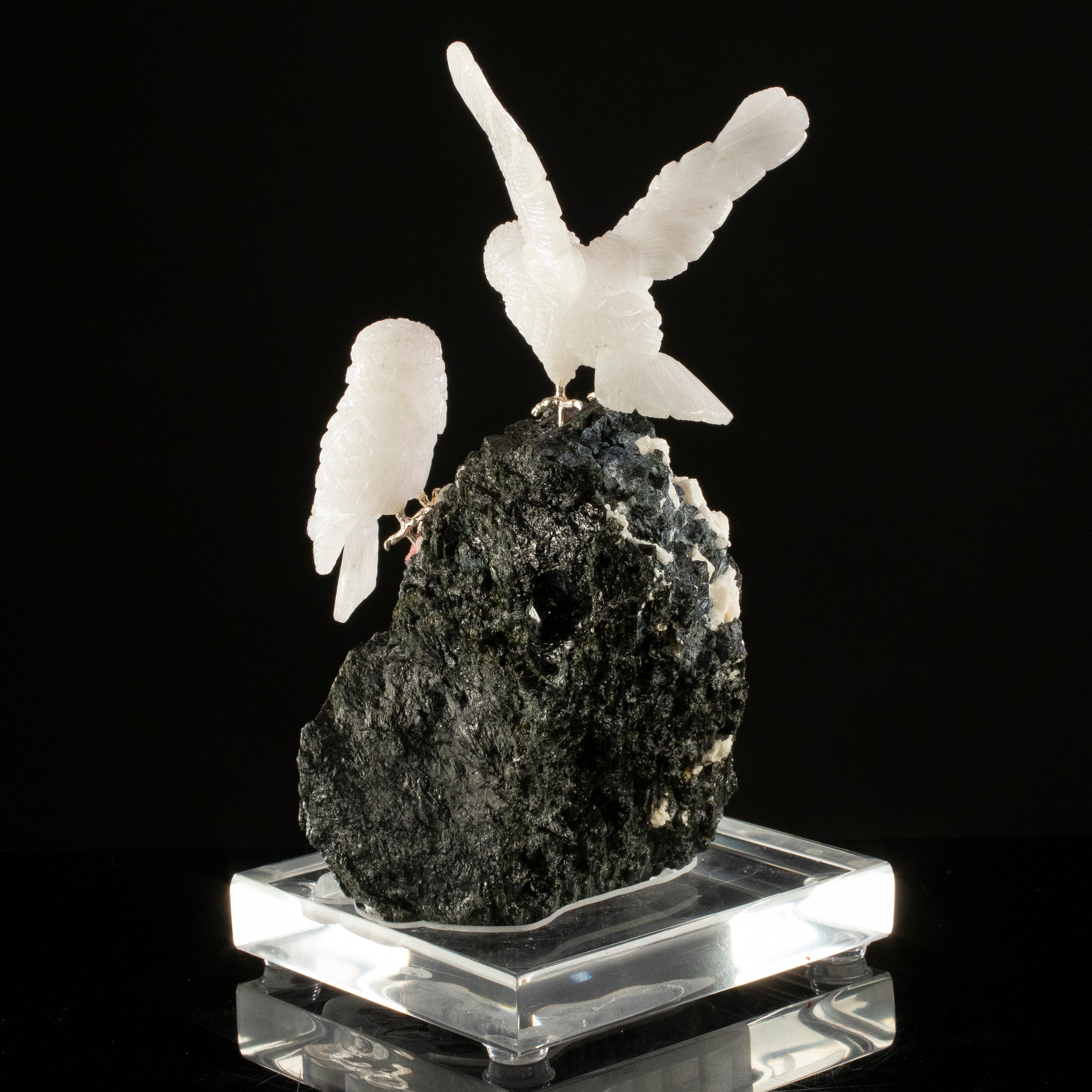 KALIFANO Love Birds Carvings Peter Muller Quartz Owl Couple Carving on Tourmaline Base LB.C203.005