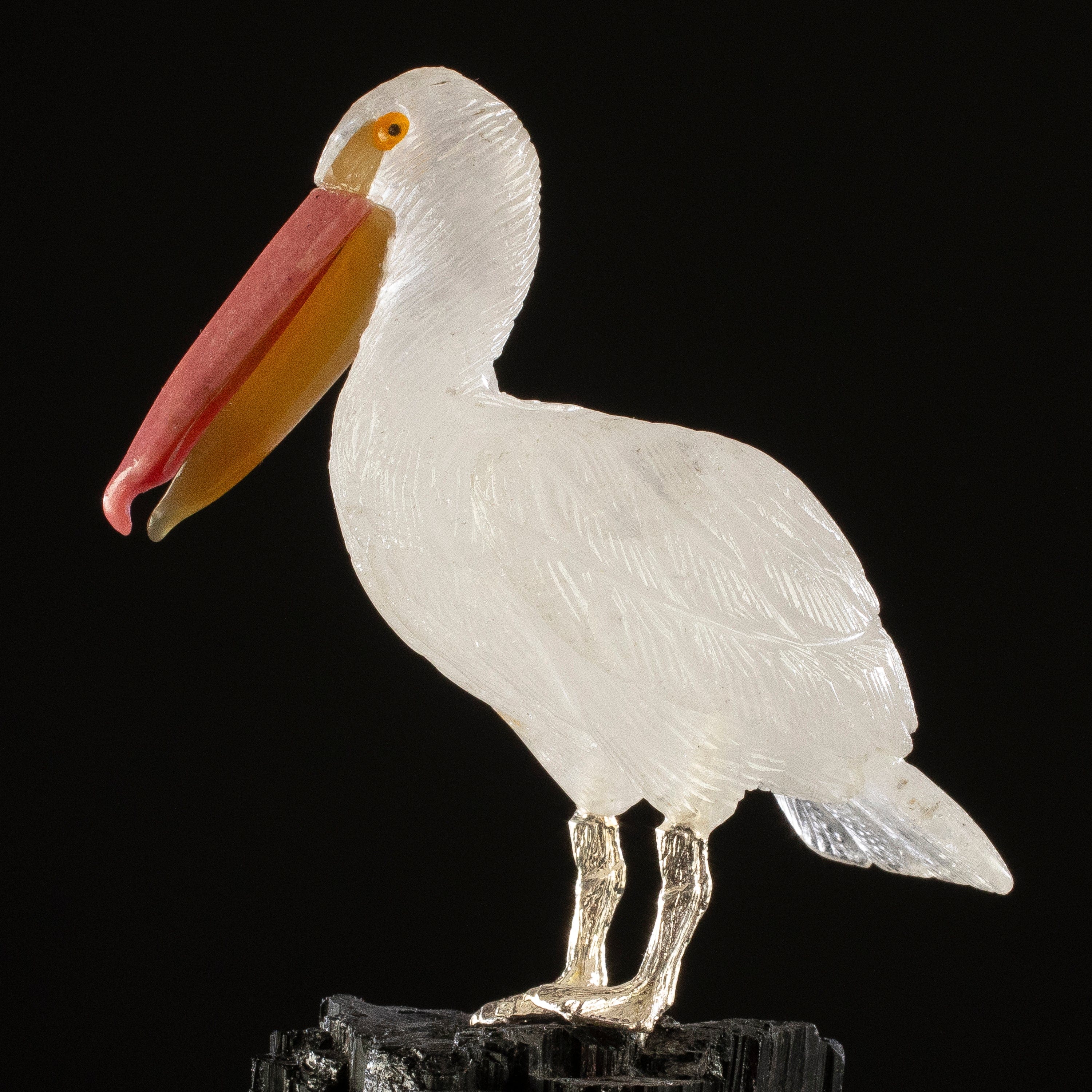 KALIFANO Love Birds Carvings Peter Muller Quartz Pelican Carving on Black Tourmaline Base LB.A107.007