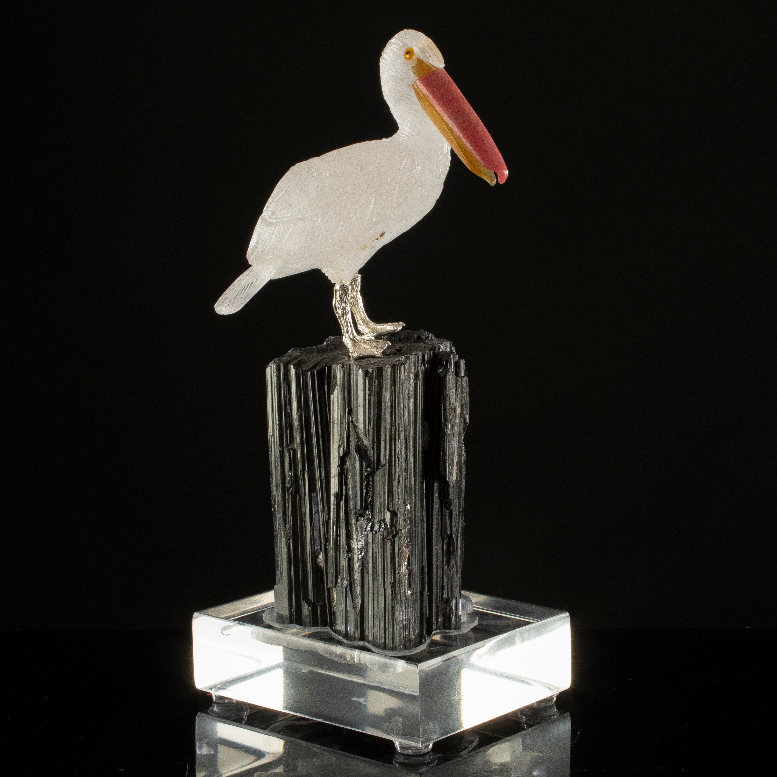 KALIFANO Love Birds Carvings Peter Muller Quartz Pelican Carving on Black Tourmaline Base LB.A107.007