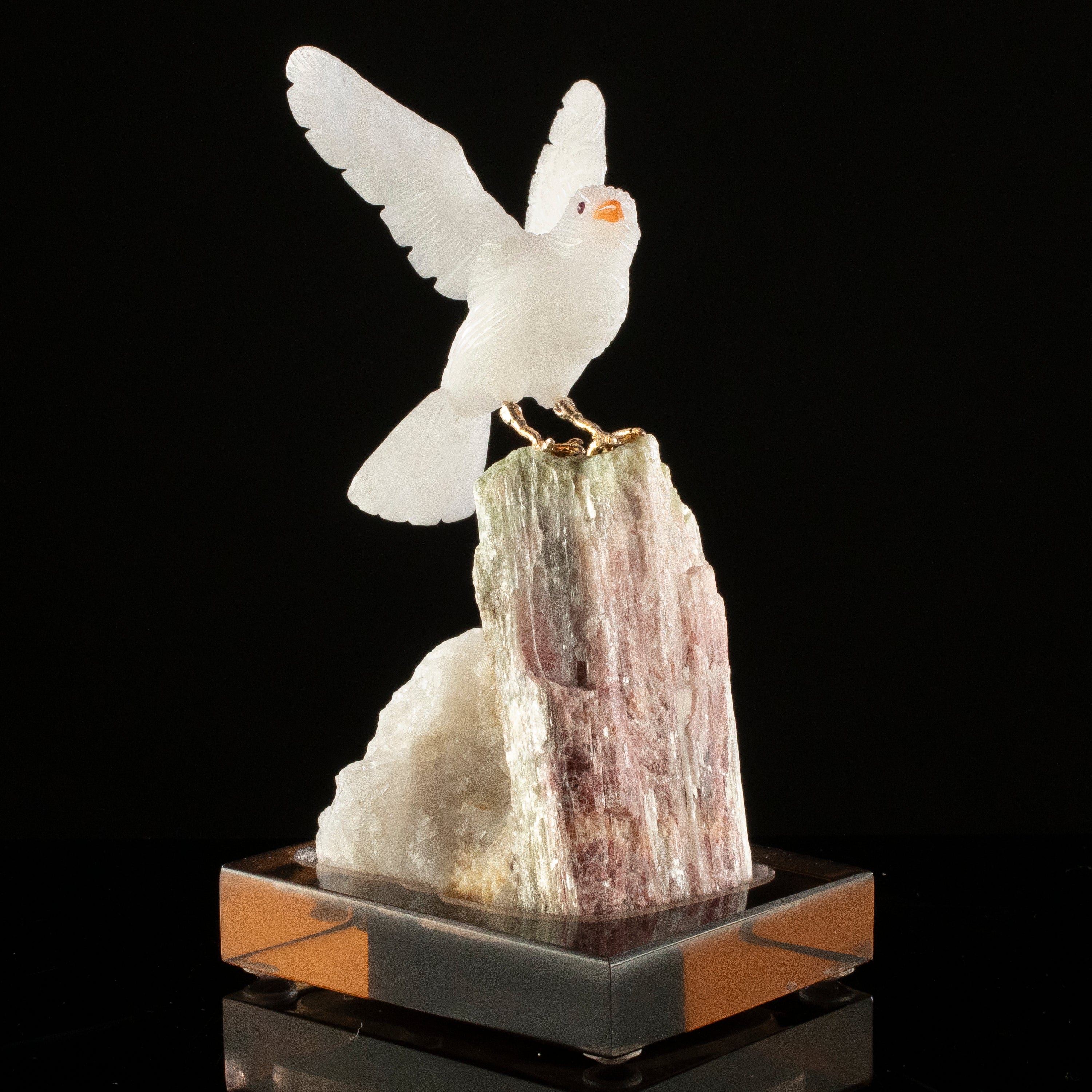 KALIFANO Love Birds Carvings Peter Muller Quartz Pigeon Carving on Watermelon Tourmaline Base LB.A172.004