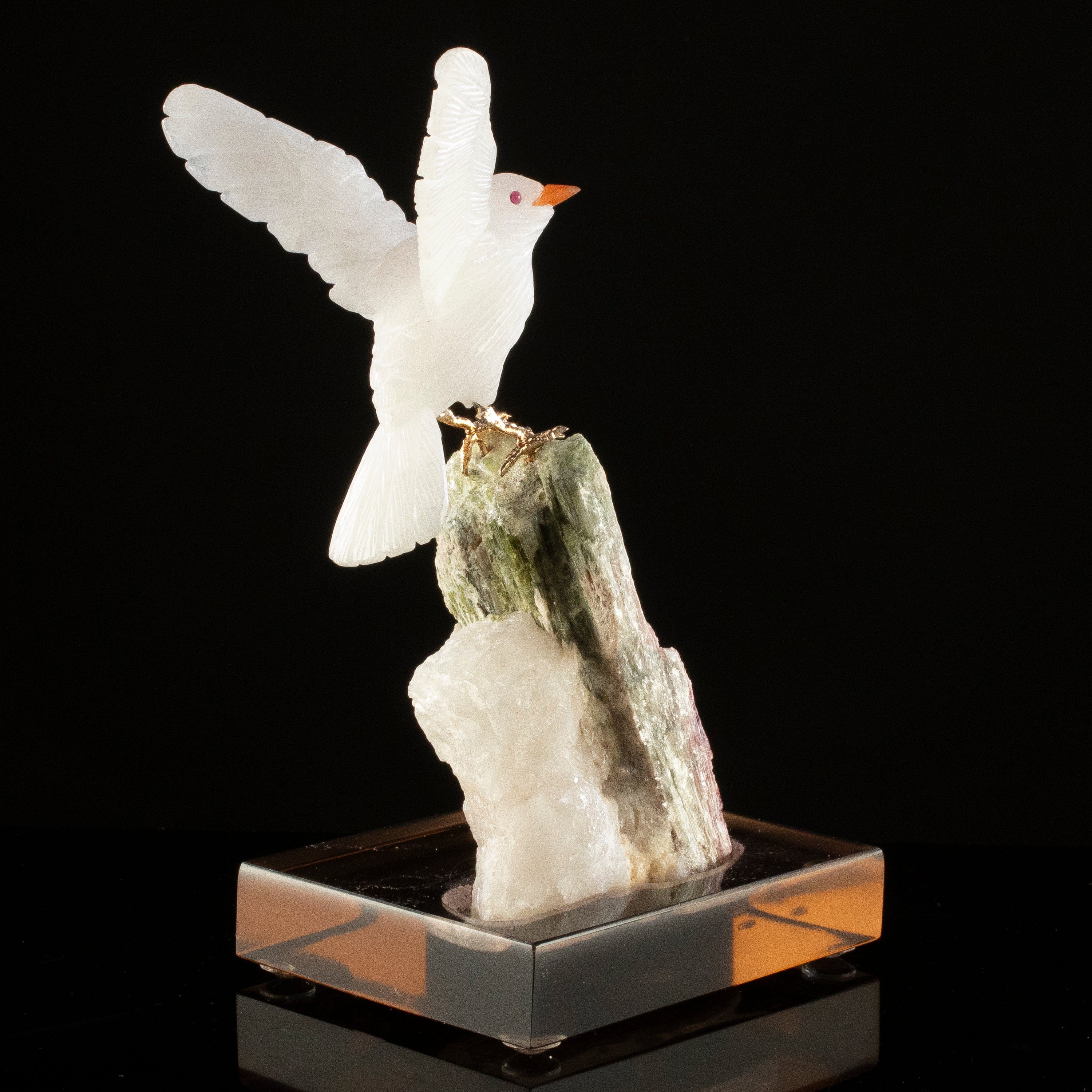 KALIFANO Love Birds Carvings Peter Muller Quartz Pigeon Carving on Watermelon Tourmaline Base LB.A172.004