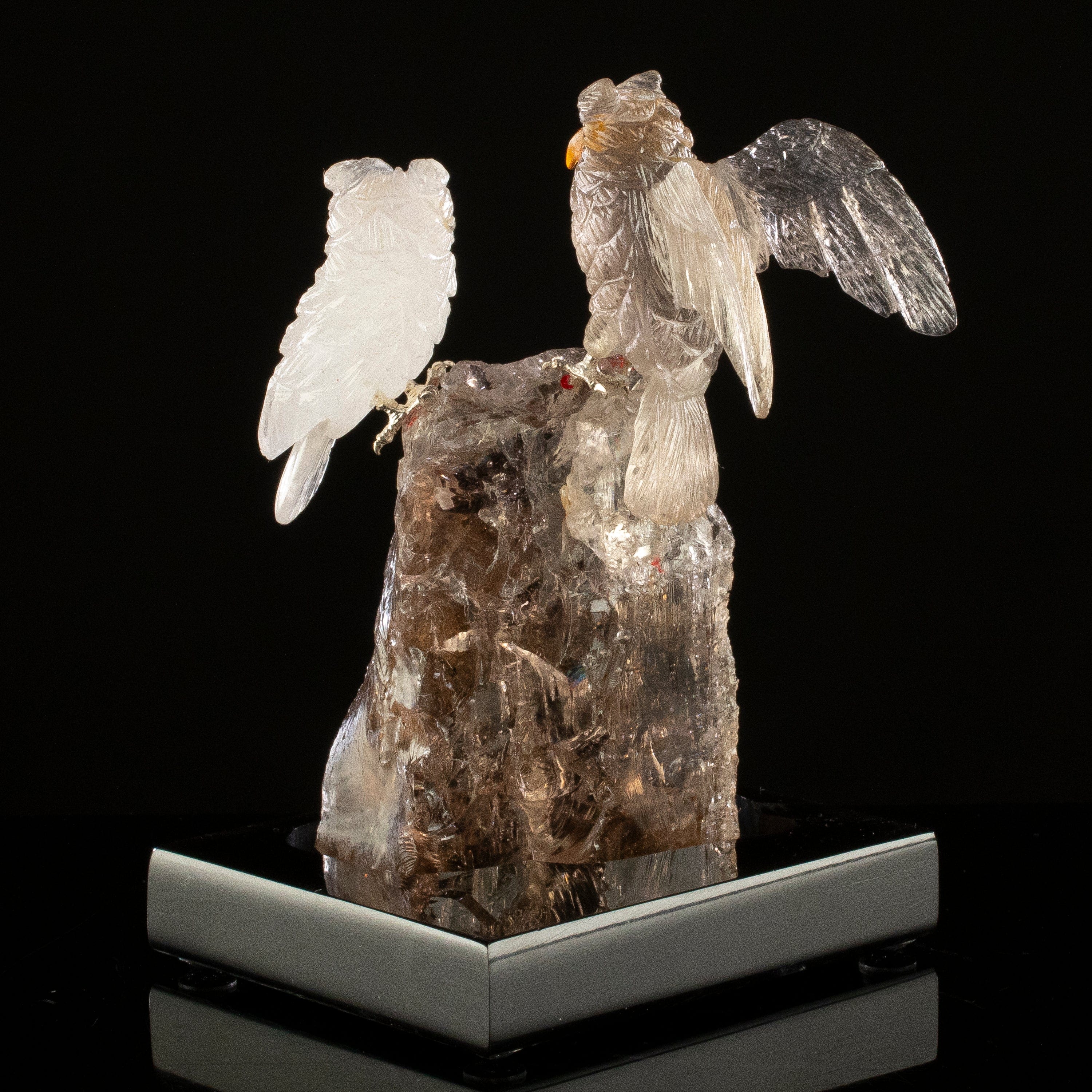 KALIFANO Love Birds Carvings Peter Muller Quartz & Smoky Quartz Owl Couple Carving on Smoky Quartz Base LB.C203.006