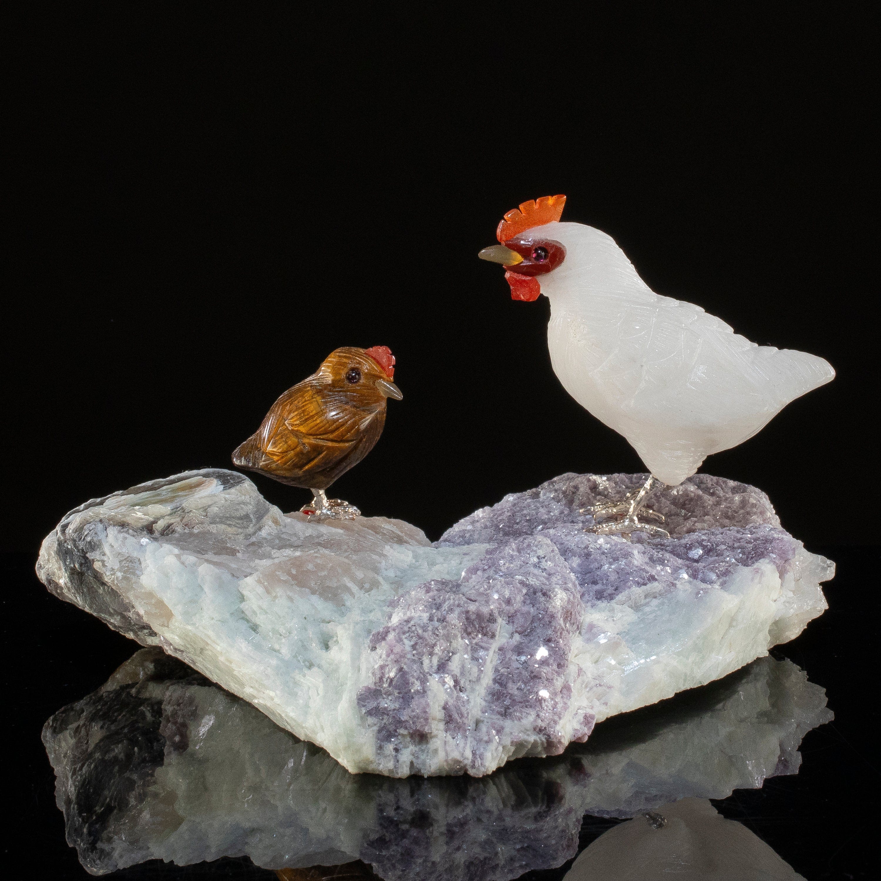 KALIFANO Love Birds Carvings Peter Muller Quartz & Tiger Eye Henn Couple Carving on Tourmaline Base LB.A119.004