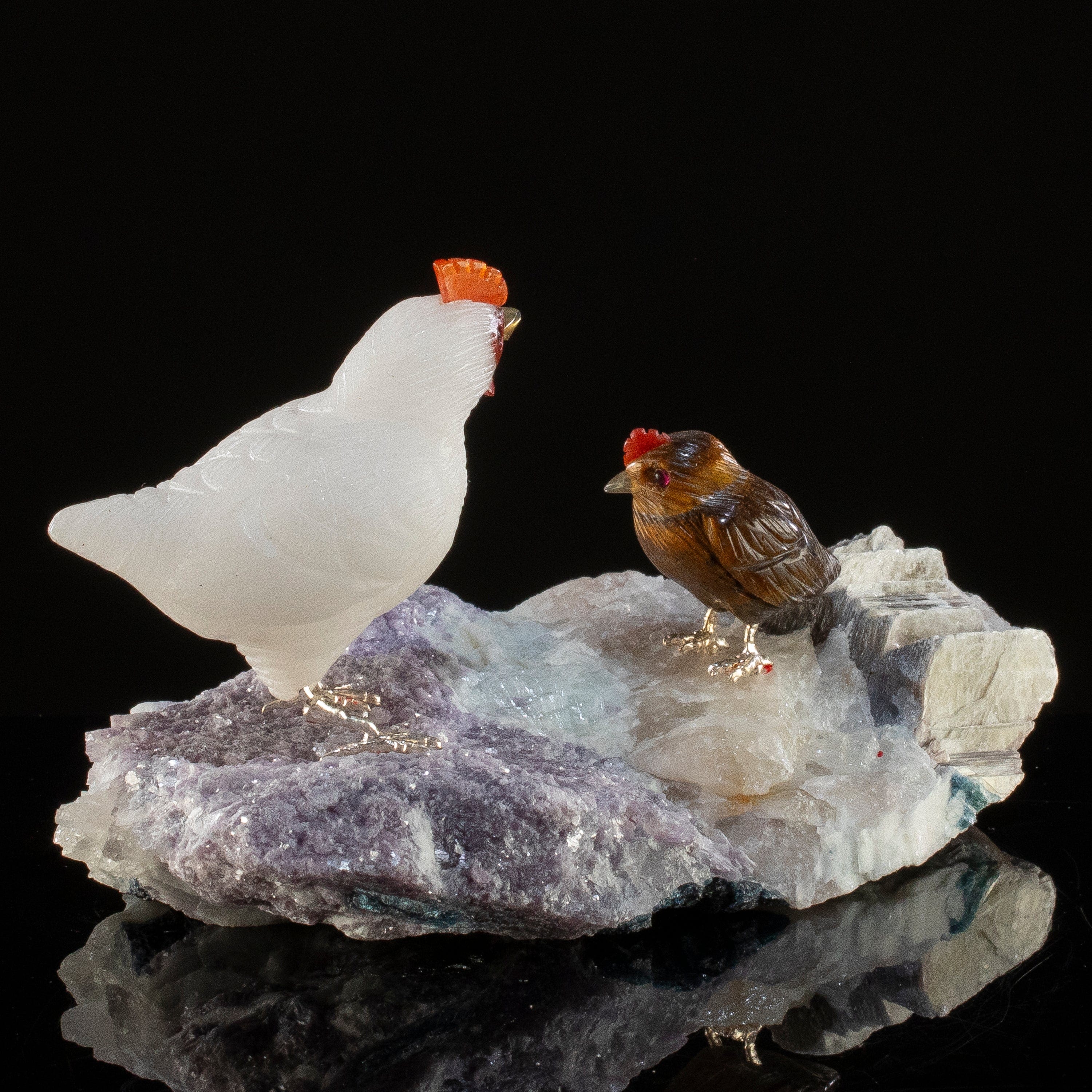 KALIFANO Love Birds Carvings Peter Muller Quartz & Tiger Eye Henn Couple Carving on Tourmaline Base LB.A119.004