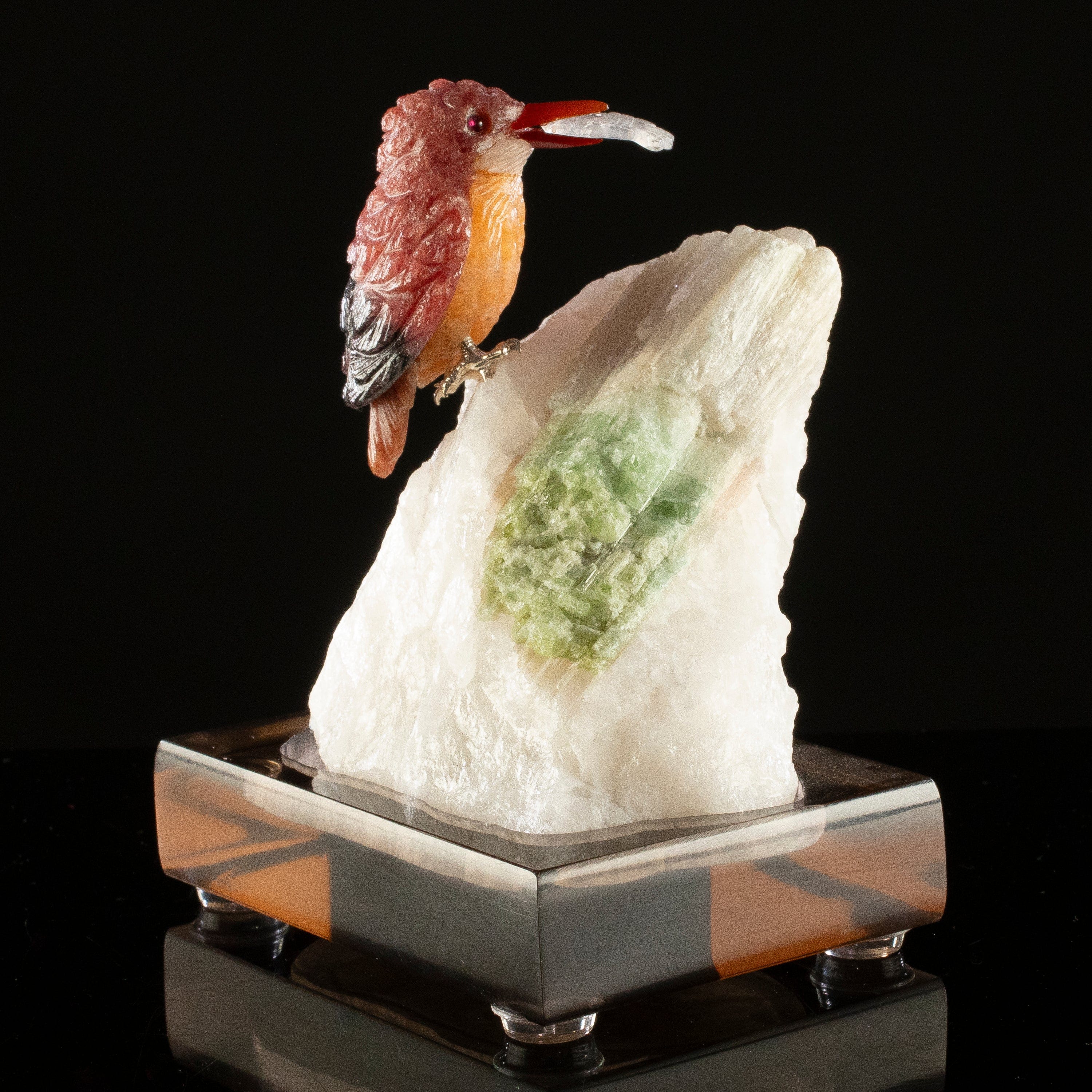 KALIFANO Love Birds Carvings Peter Muller Rhodonite Kingfisher Carving on Tourmaline Base LB.C135.002