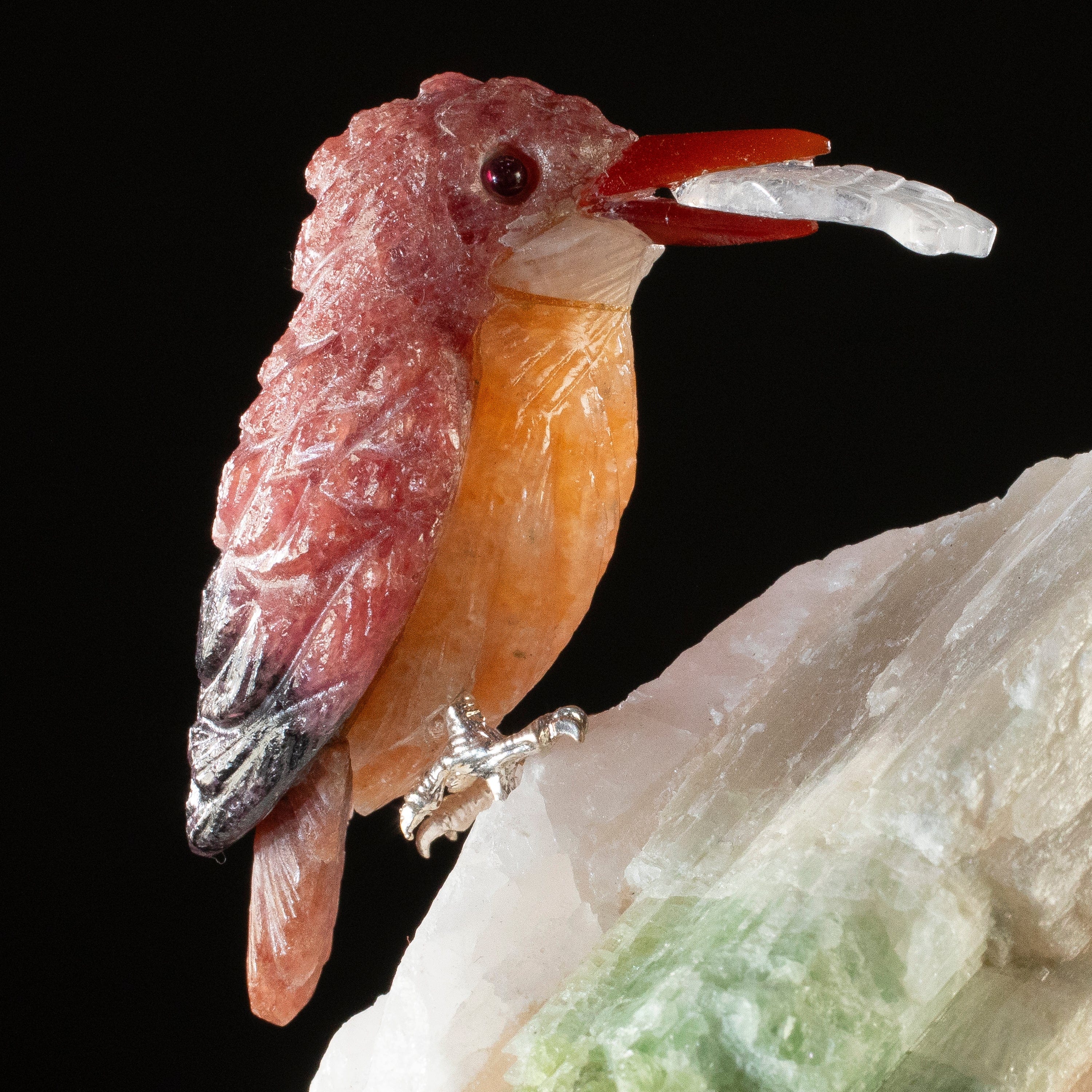 KALIFANO Love Birds Carvings Peter Muller Rhodonite Kingfisher Carving on Tourmaline Base LB.C135.002