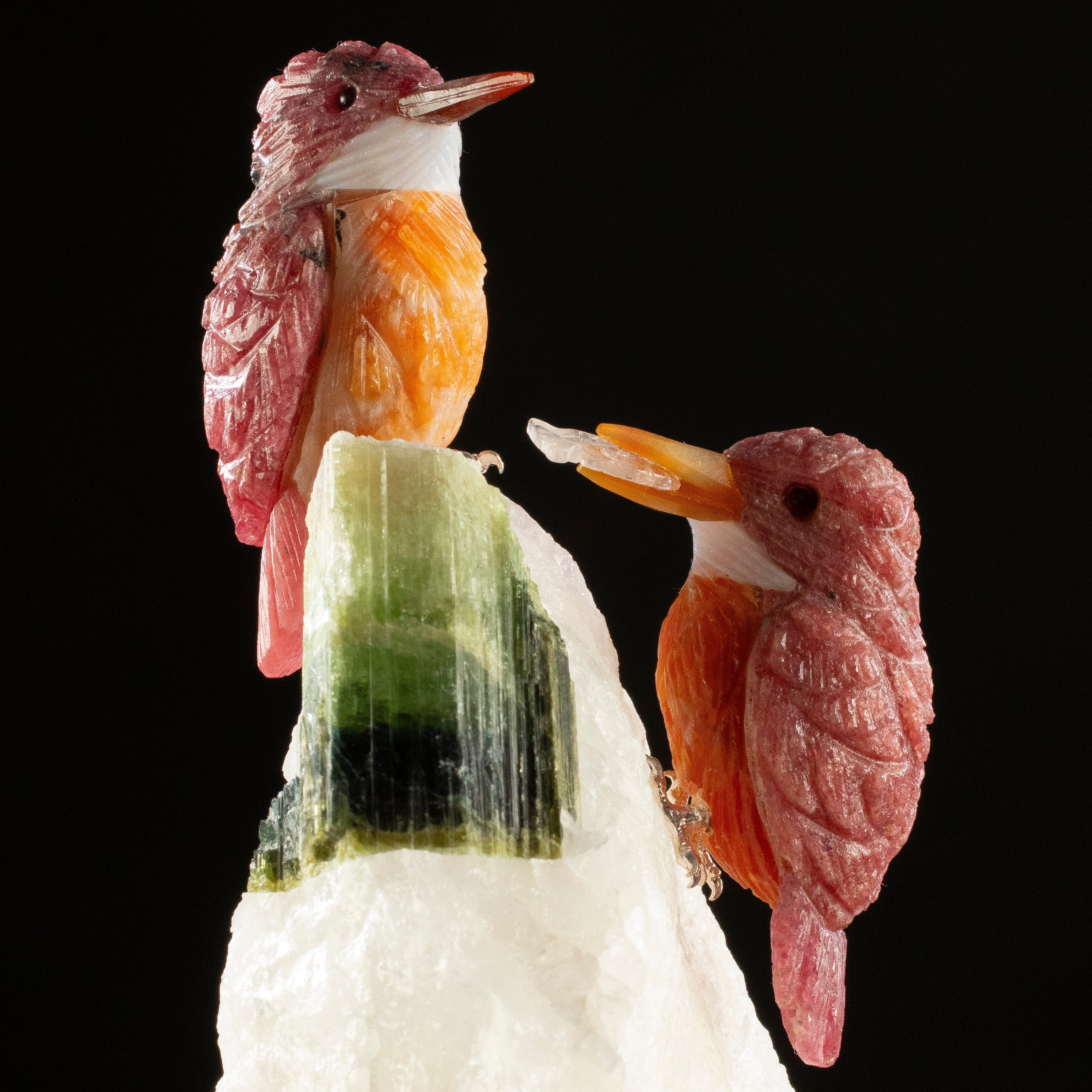 KALIFANO Love Birds Carvings Peter Muller Rhodonite Kingfisher Couple Carving on Tourmaline Base LB.C234.005