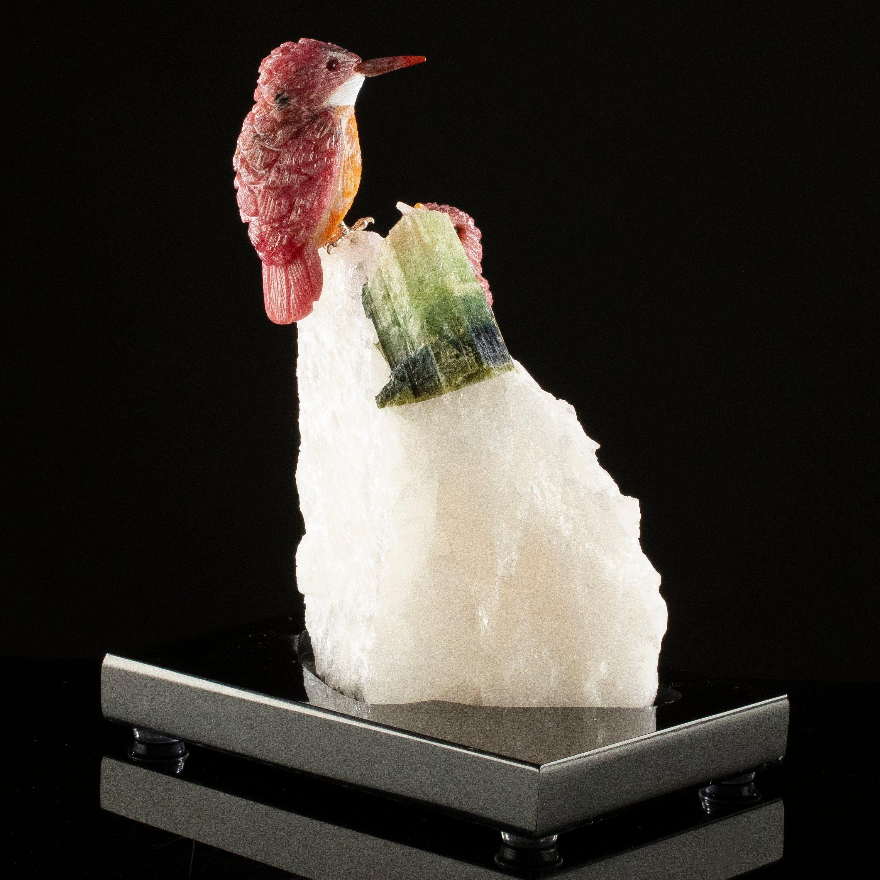 KALIFANO Love Birds Carvings Peter Muller Rhodonite Kingfisher Couple Carving on Tourmaline Base LB.C234.005