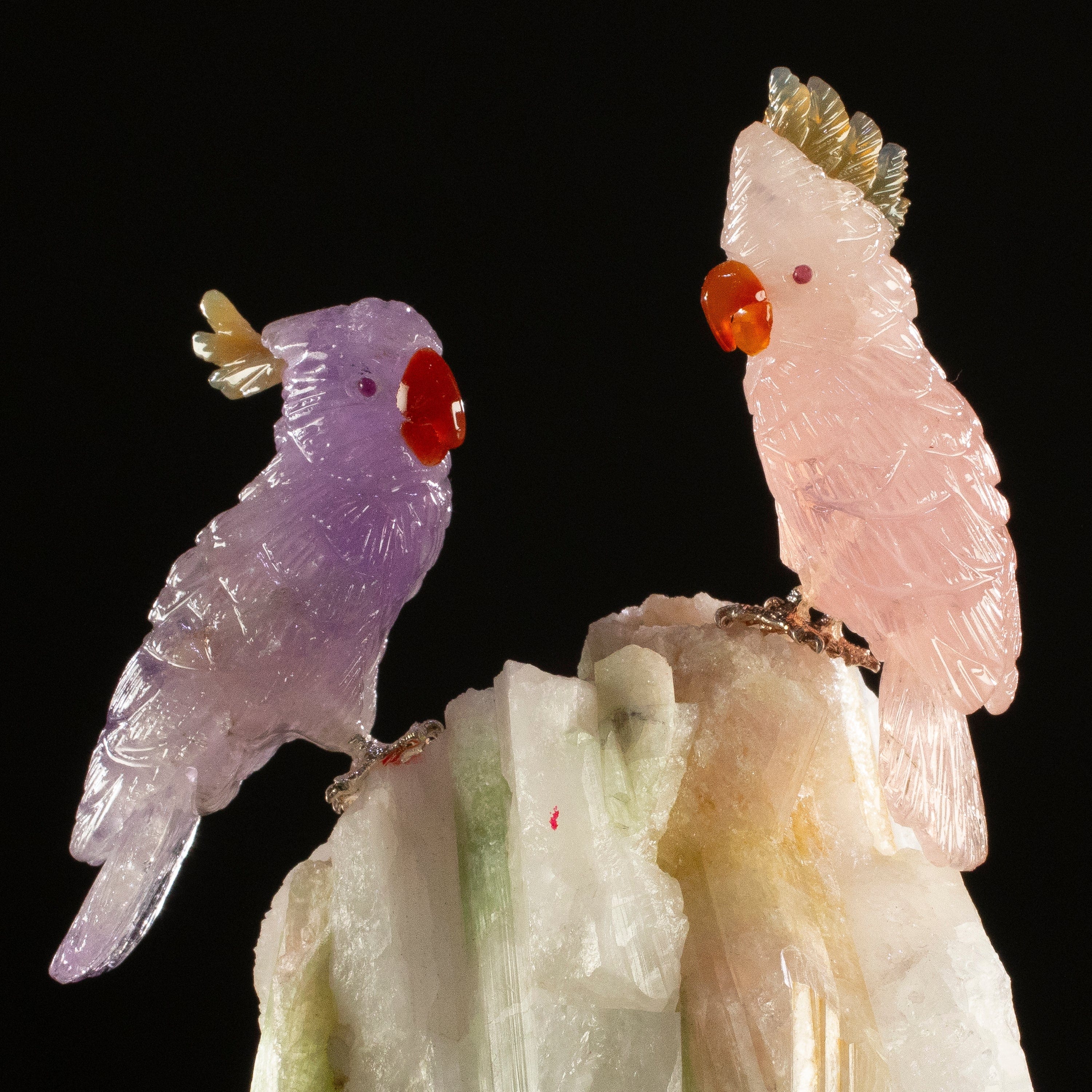 KALIFANO Love Birds Carvings Peter Muller Rose Quartz & Amethyst Cockatoo Couple Carving on Watermelon Tourmaline Base LB.C405.016