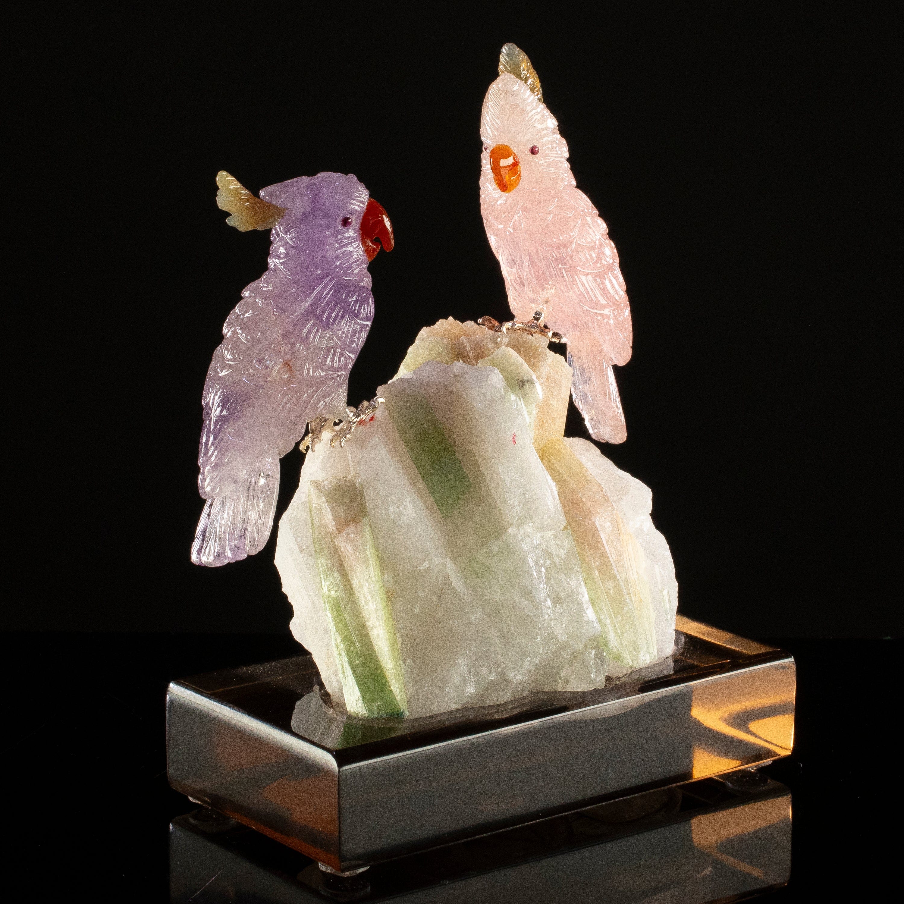 KALIFANO Love Birds Carvings Peter Muller Rose Quartz & Amethyst Cockatoo Couple Carving on Watermelon Tourmaline Base LB.C405.016