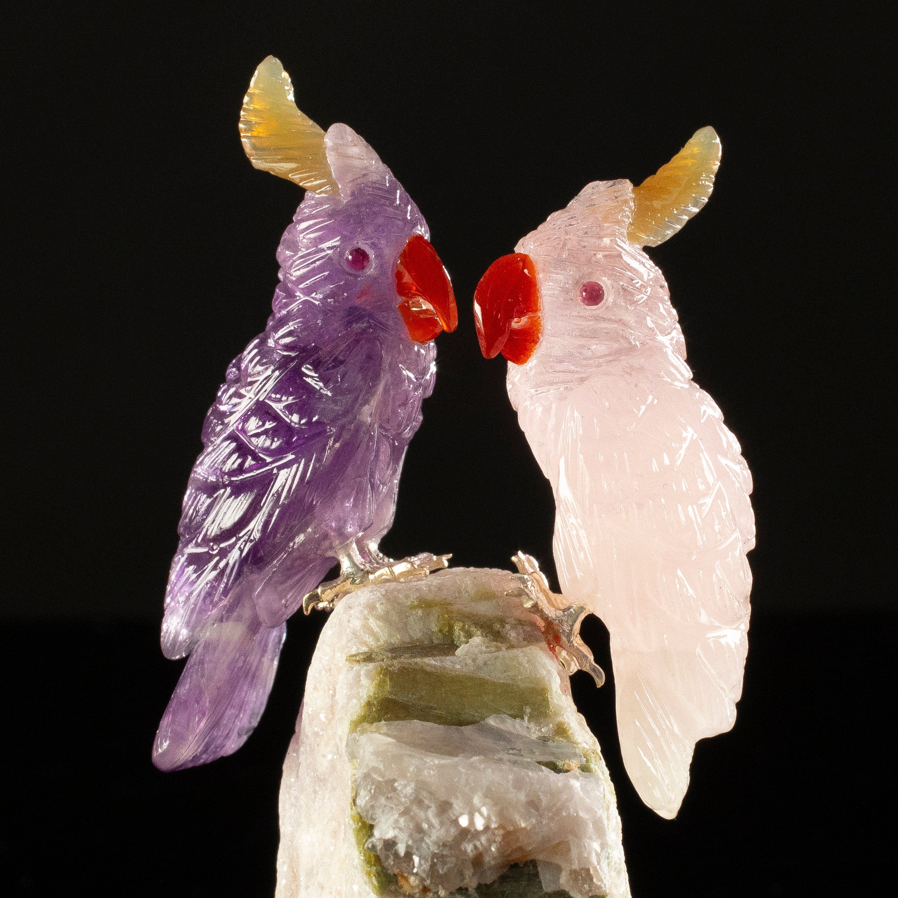 KALIFANO Love Birds Carvings Peter Muller Rose Quartz & Amethyst Macaw Couple Carving on Watermelon Tourmaline Base LB.C205.019