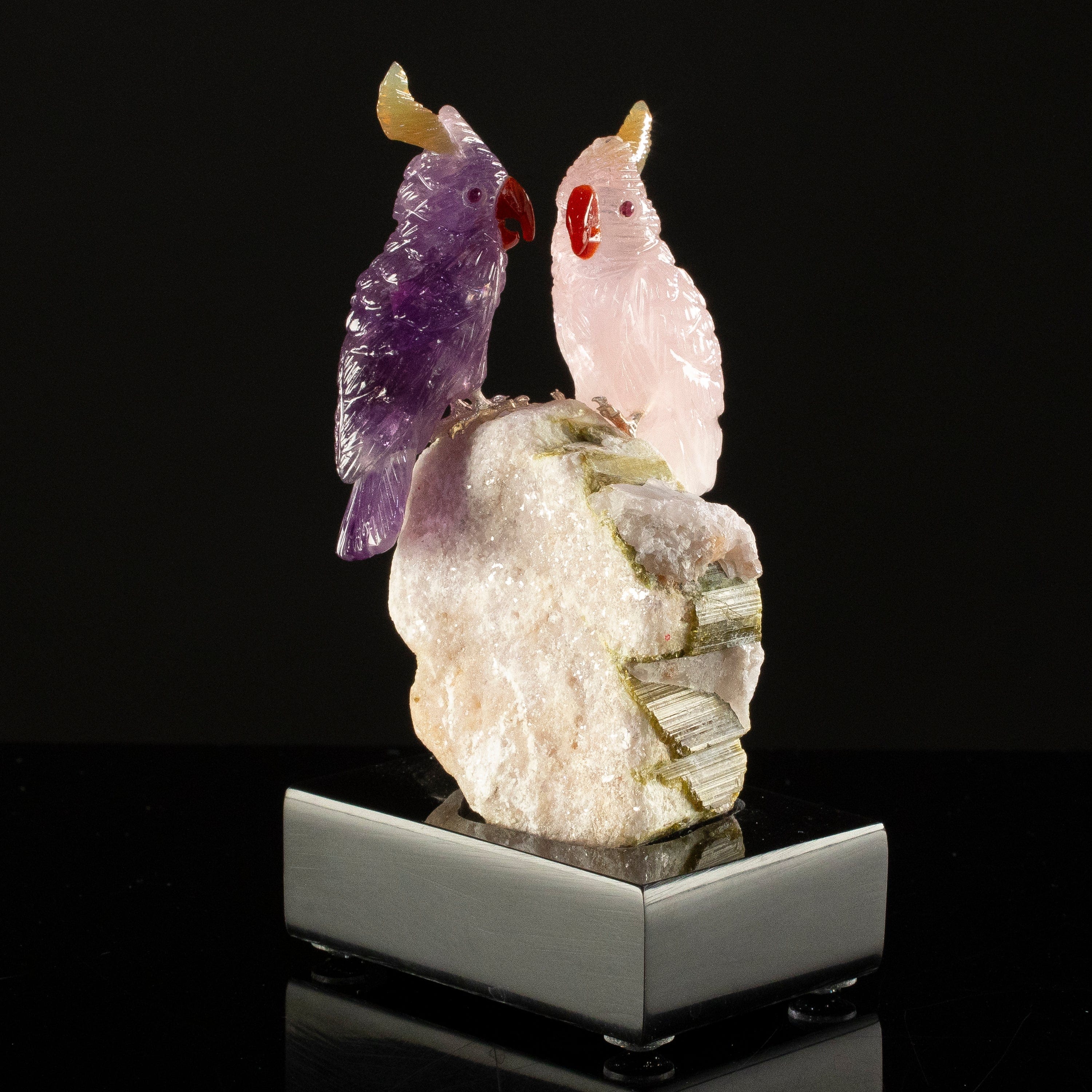 KALIFANO Love Birds Carvings Peter Muller Rose Quartz & Amethyst Macaw Couple Carving on Watermelon Tourmaline Base LB.C205.019