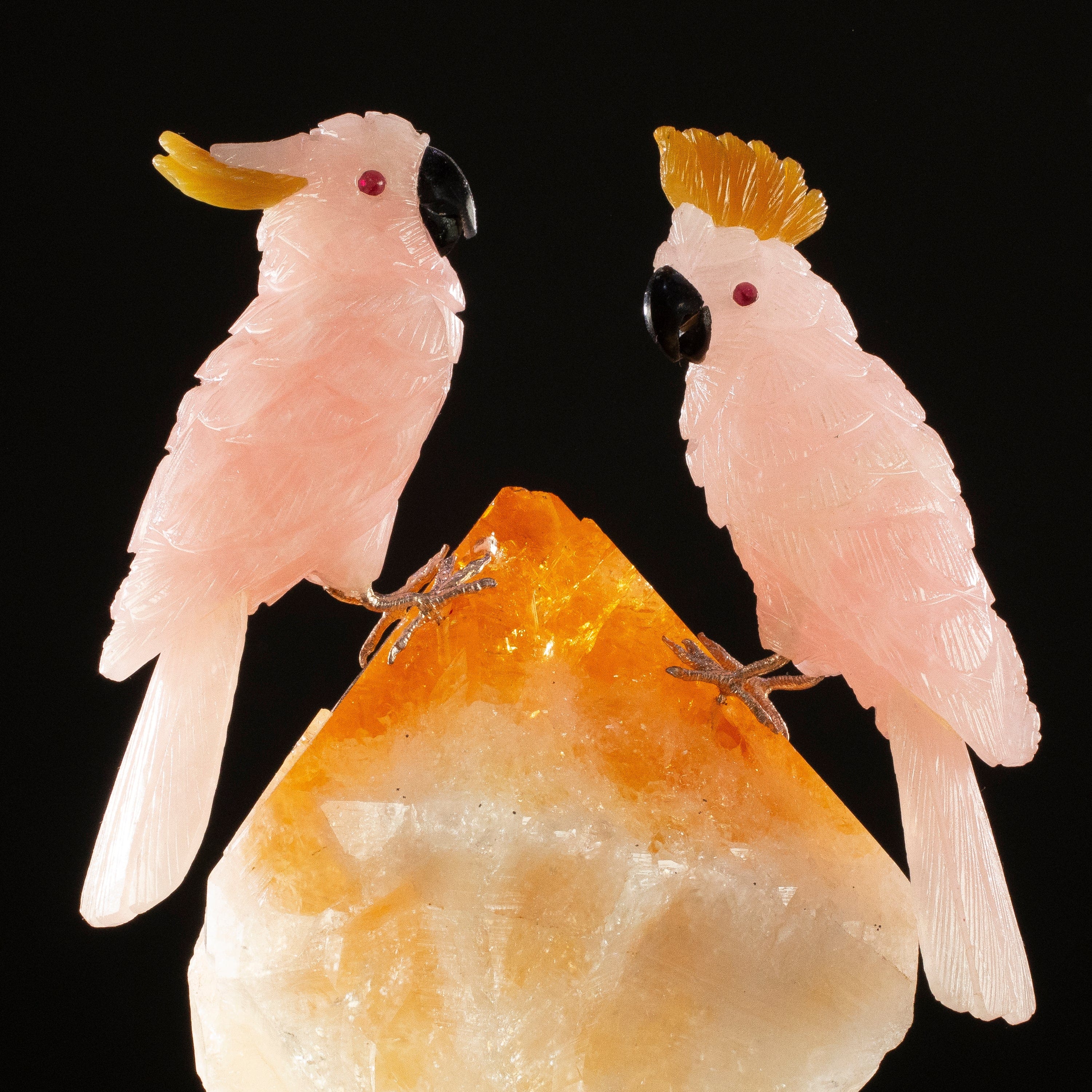 KALIFANO Love Birds Carvings Peter Muller Rose Quartz Cockatoo Couple Carving on Citrine Base LB.B234.002