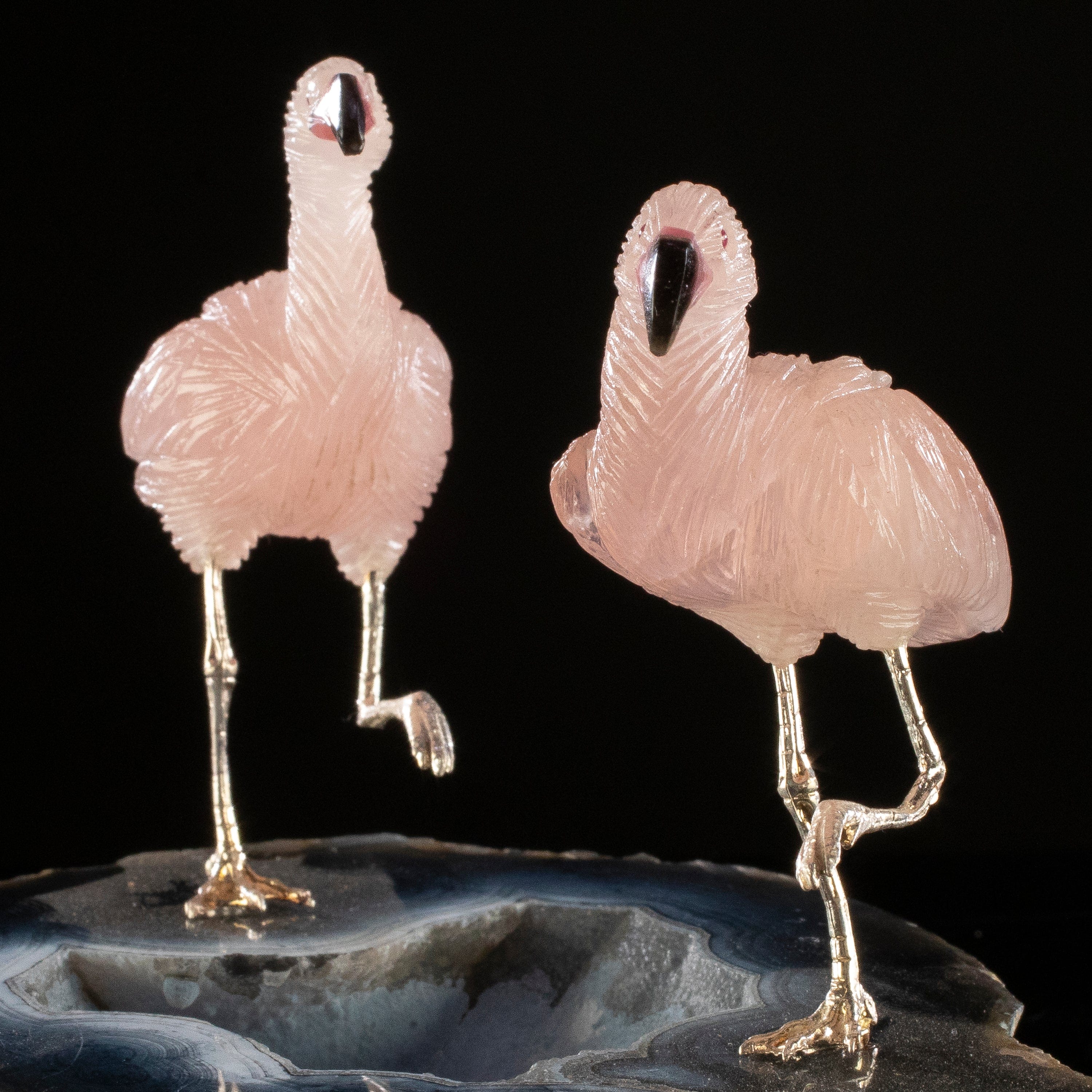 KALIFANO Love Birds Carvings Peter Muller Rose Quartz Flamingo Couple Carving on Agate Geode Base LB.B235.003