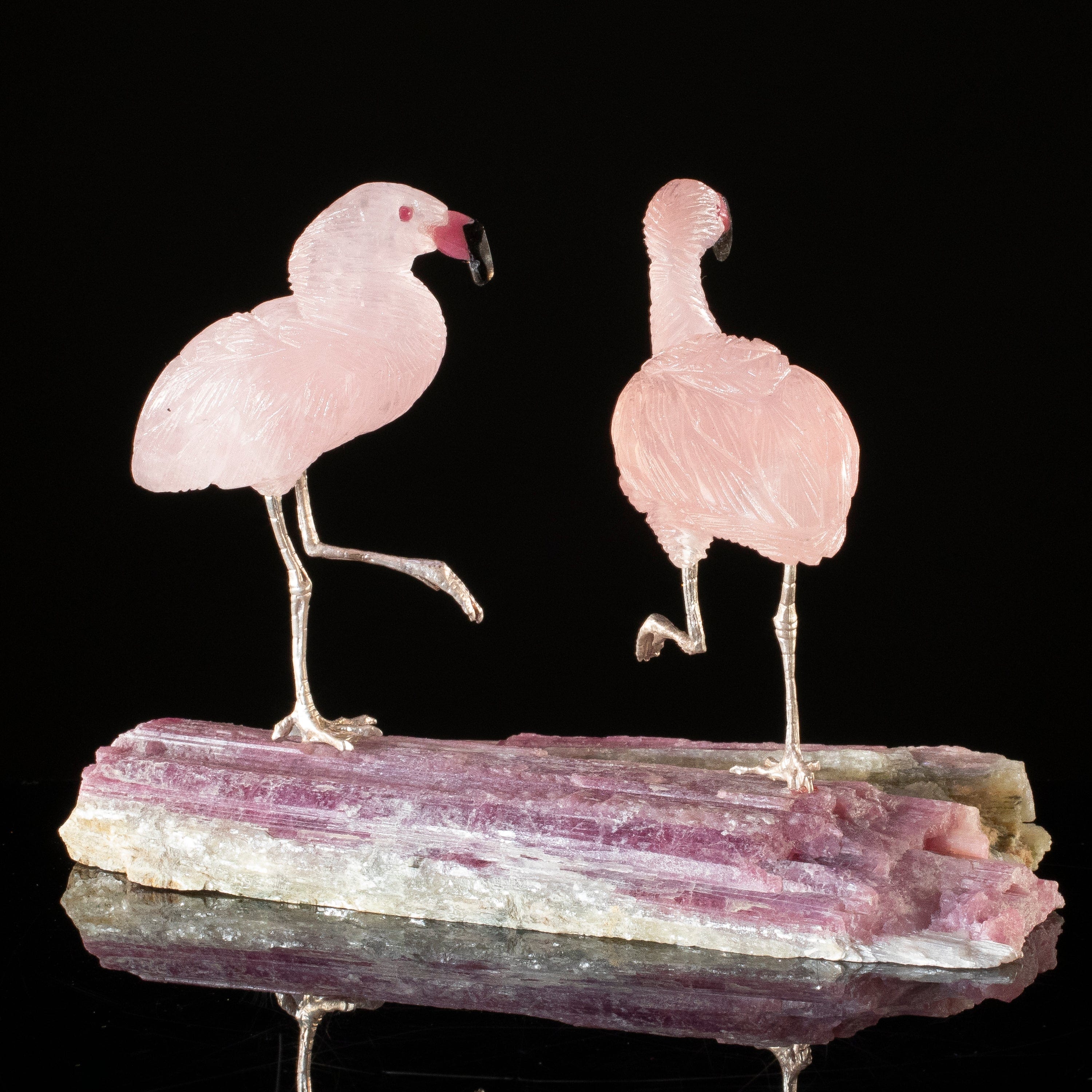 KALIFANO Love Birds Carvings Peter Muller Rose Quartz Flamingo Couple Carving on Rubellite Base LB.B235.002