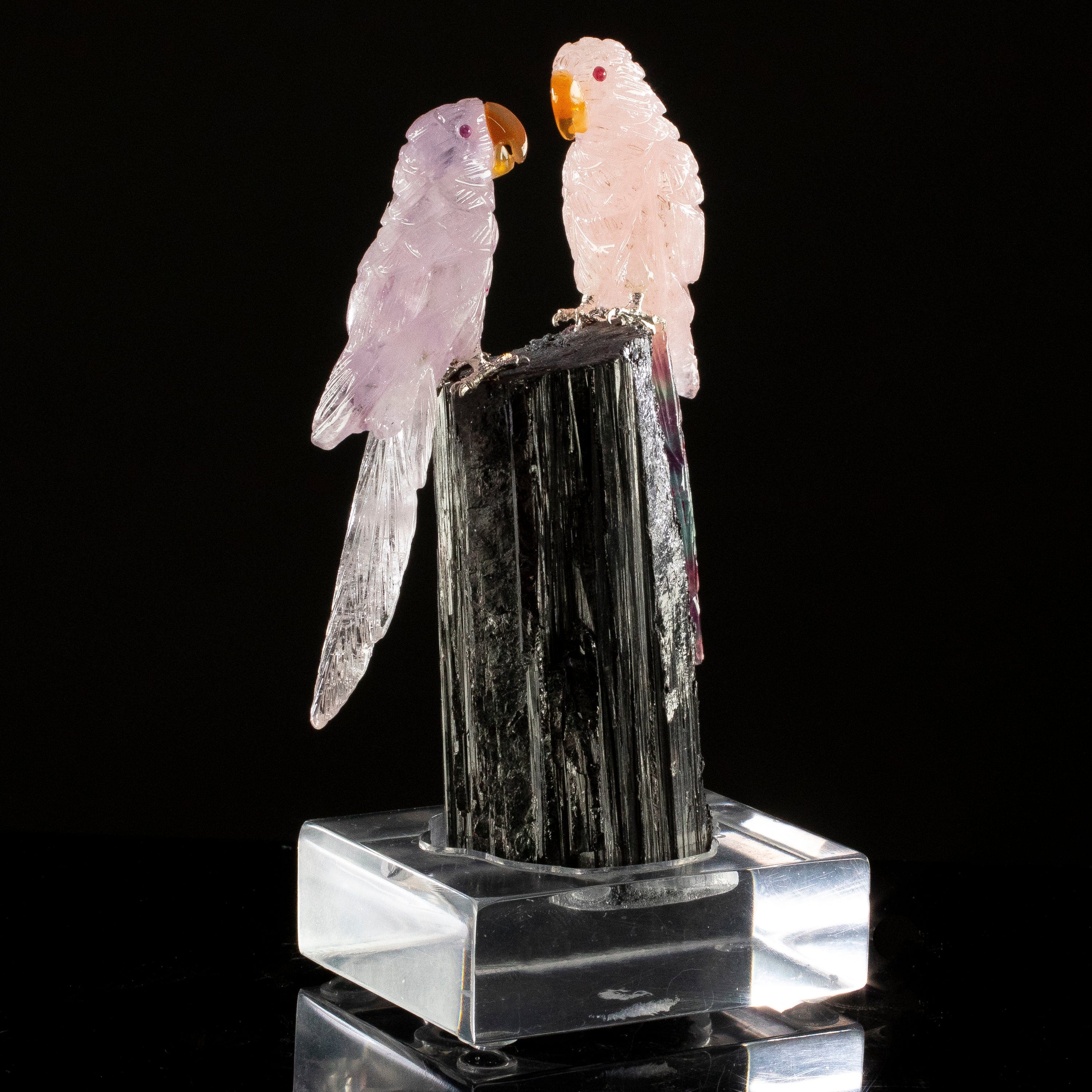 KALIFANO Love Birds Carvings Peter Muller Rose Quartz, Fluorite, & Amethyst Macaw Couple Carving on Black Tourmaline Base LB.C216.005