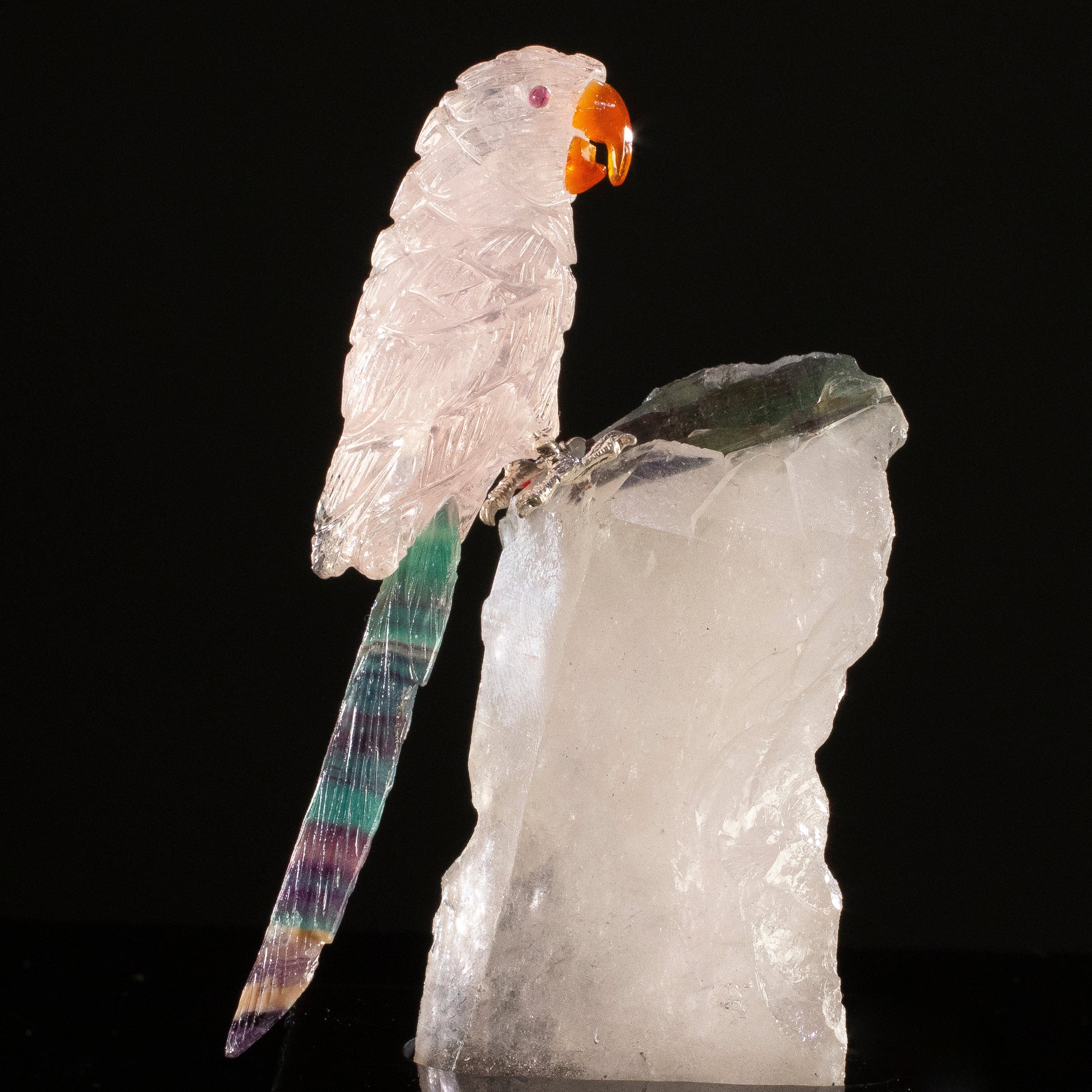 KALIFANO Love Birds Carvings Peter Muller Rose Quartz & Fluorite Macaw Carving on Tourmaline Base LB.C116.013