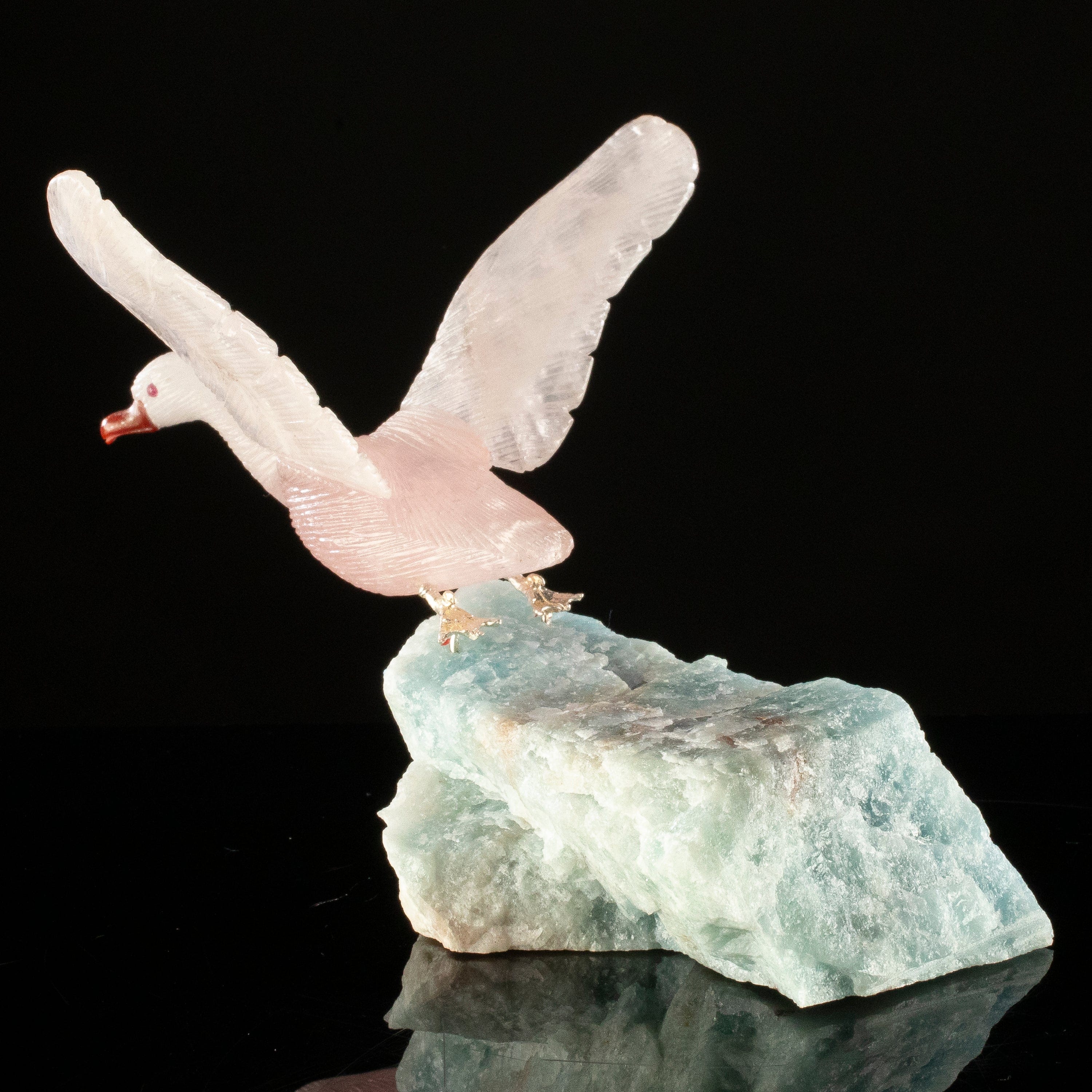 KALIFANO Love Birds Carvings Peter Muller Rose Quartz Goose Carving on Aquamarine Base LB.A138.010