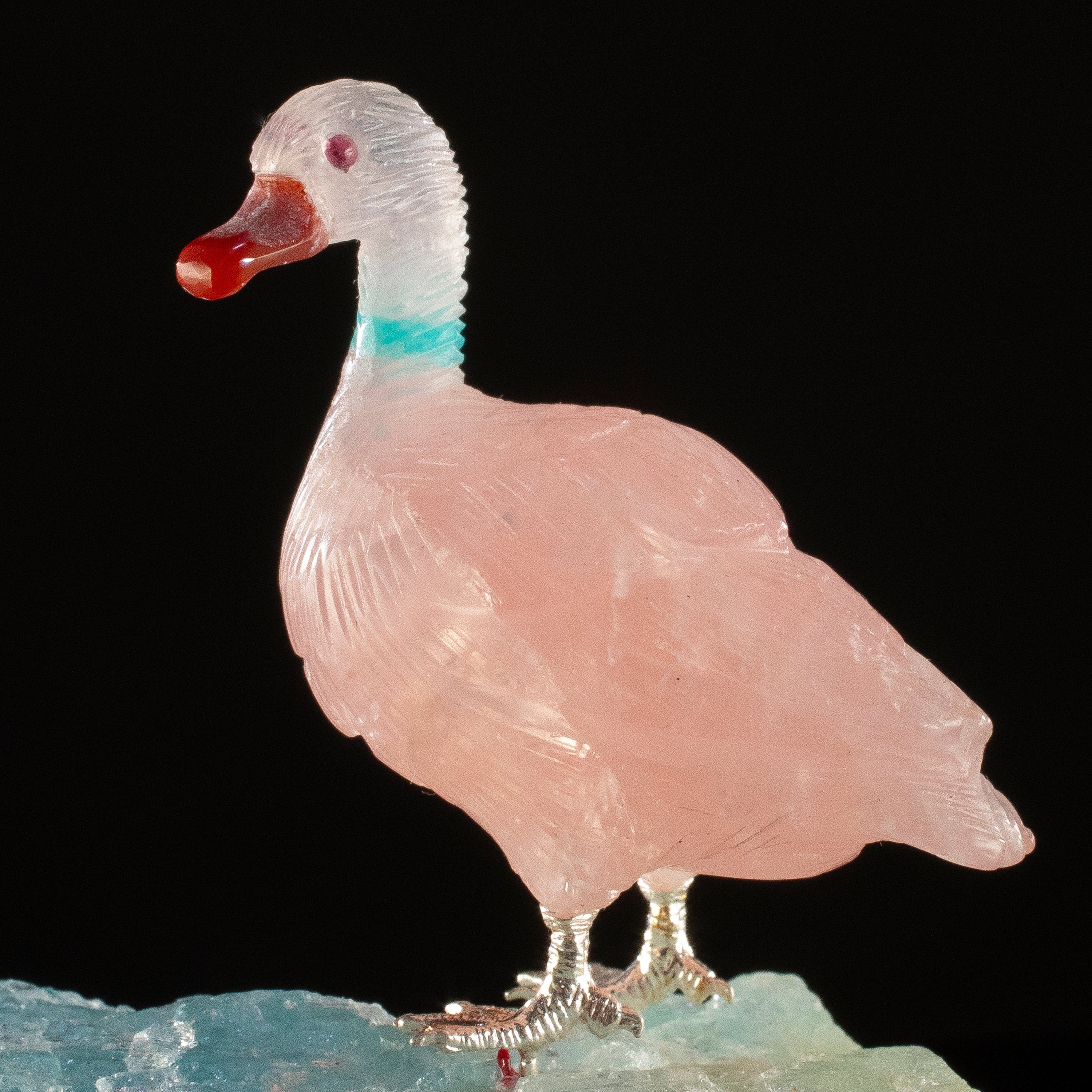 KALIFANO Love Birds Carvings Peter Muller Rose Quartz Goose Carving on Aquamarine Base LB.D114.013