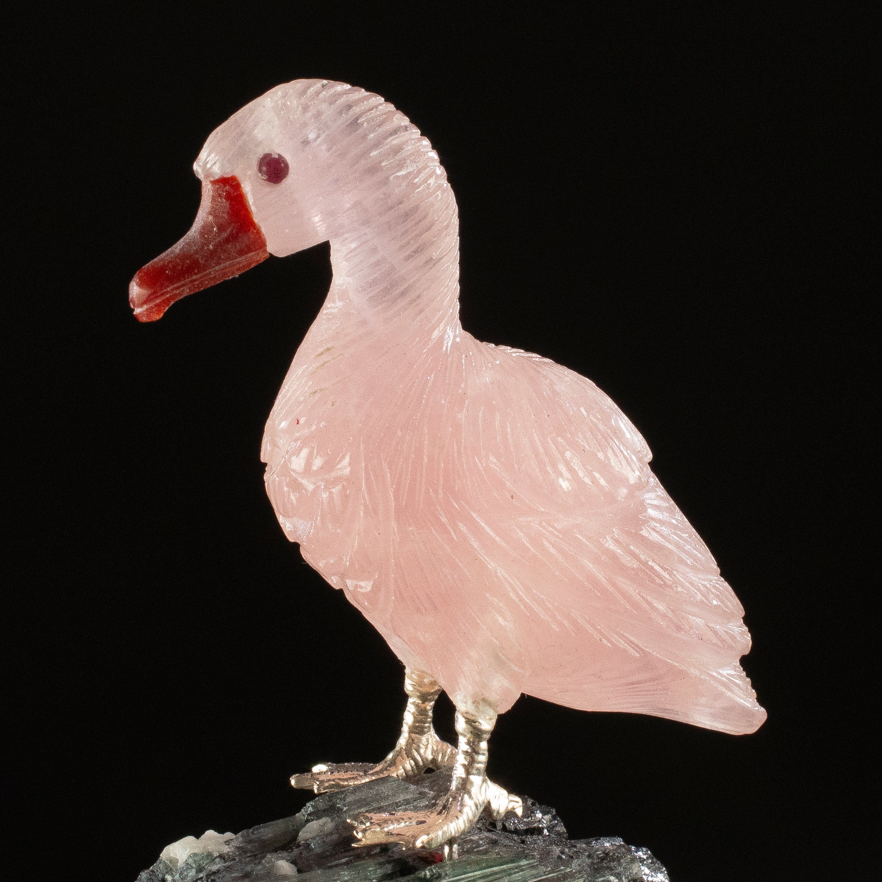 KALIFANO Love Birds Carvings Peter Muller Rose Quartz Goose Carving on Tourmaline Base LB.D114.011