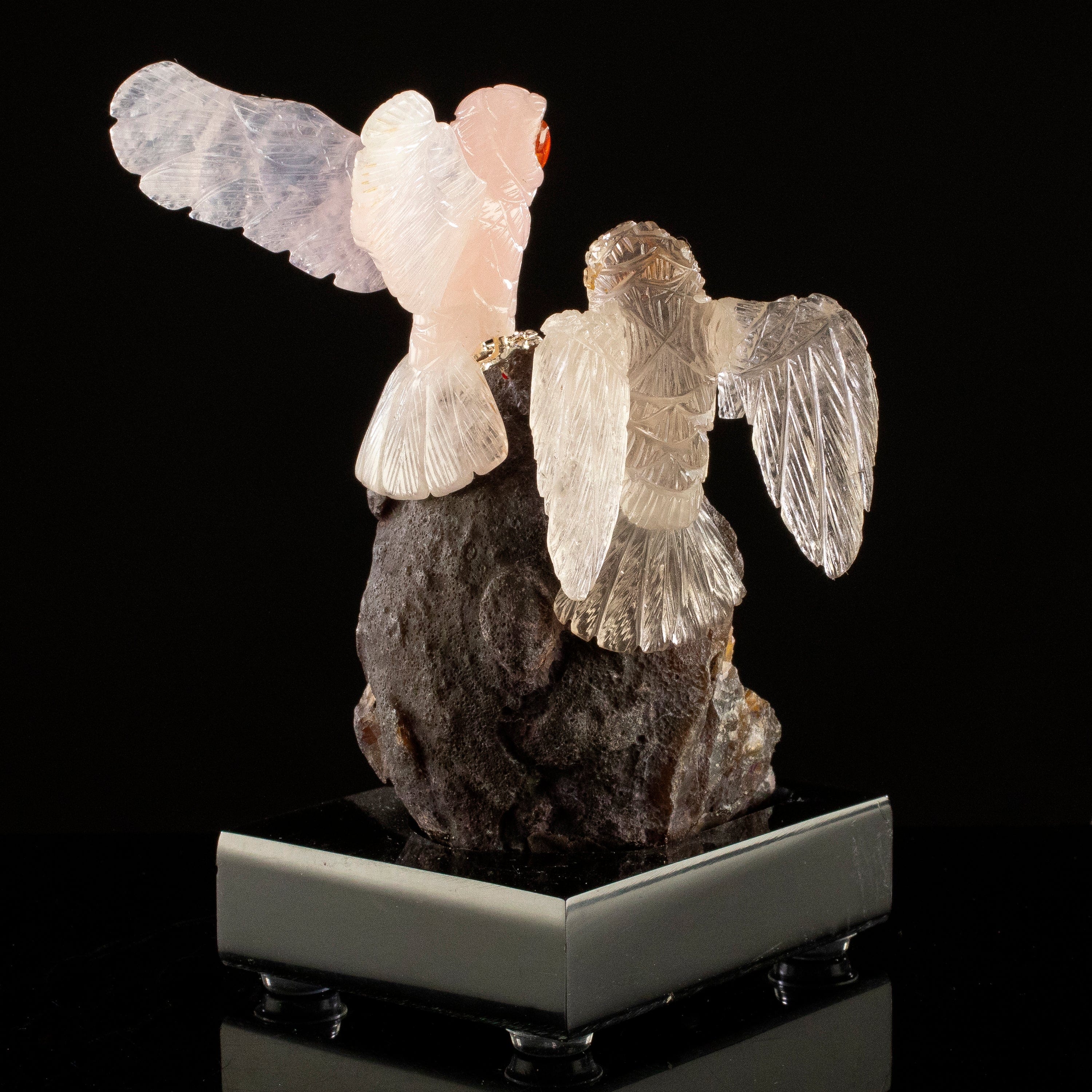 KALIFANO Love Birds Carvings Peter Muller Rose Quartz & Obsidian Owl Couple Carving on Agate Geode Base LB.C203.008