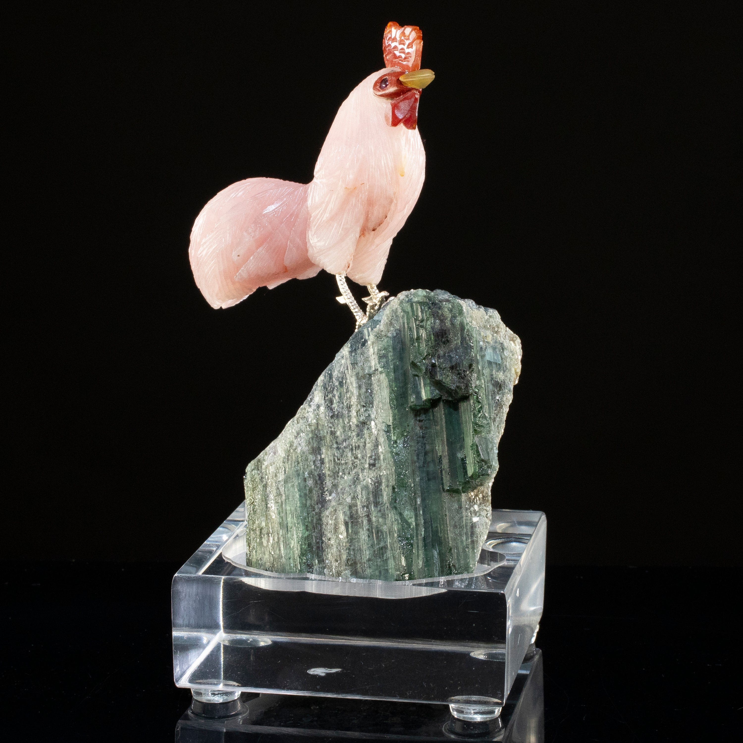 KALIFANO Love Birds Carvings Peter Muller Rose Quartz Rooster Carving on Tourmaline Base LB.A119.005