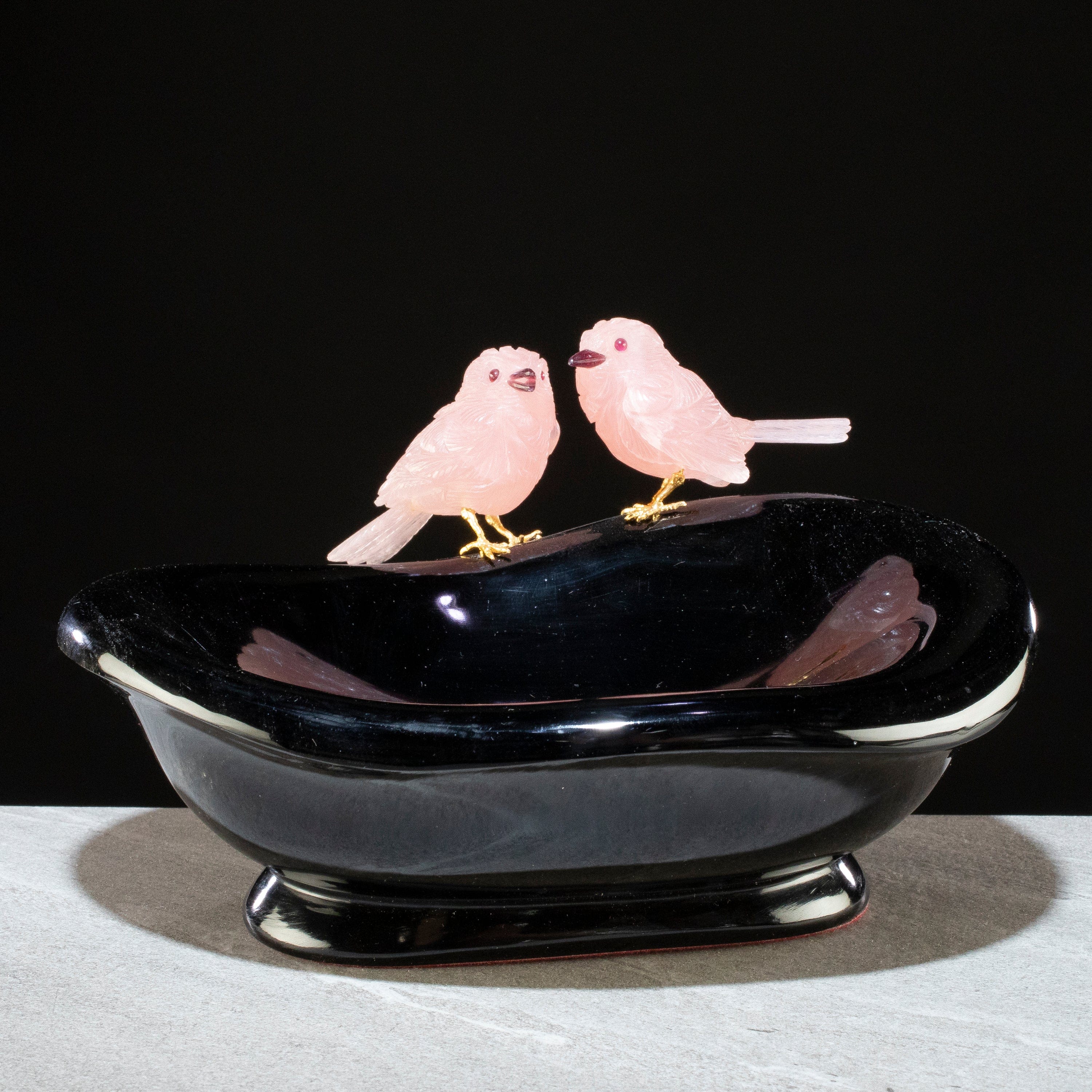 KALIFANO Love Birds Carvings Peter Muller Rose Quartz Sparrow Couple Carving on Obsidian Bowl Base LB.D854.001