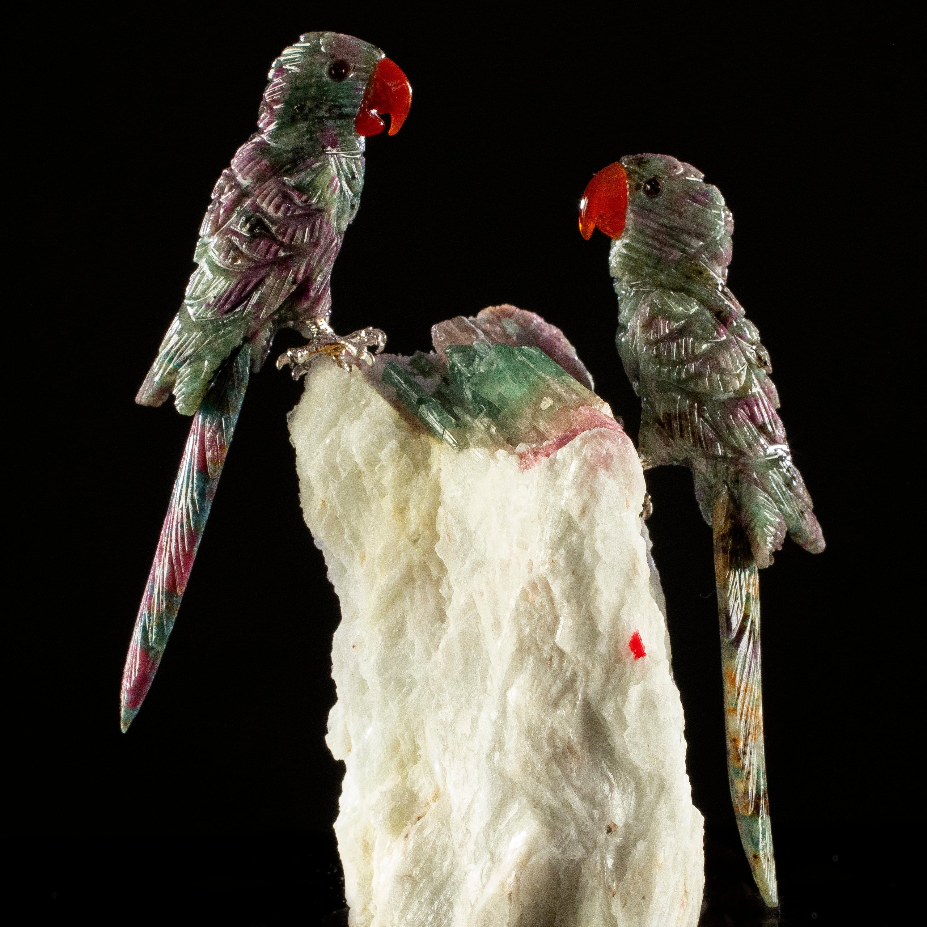 KALIFANO Love Birds Carvings Peter Muller Ruby Macaw Couple Carving on Watermelon Tourmaline Base LB.C215.020