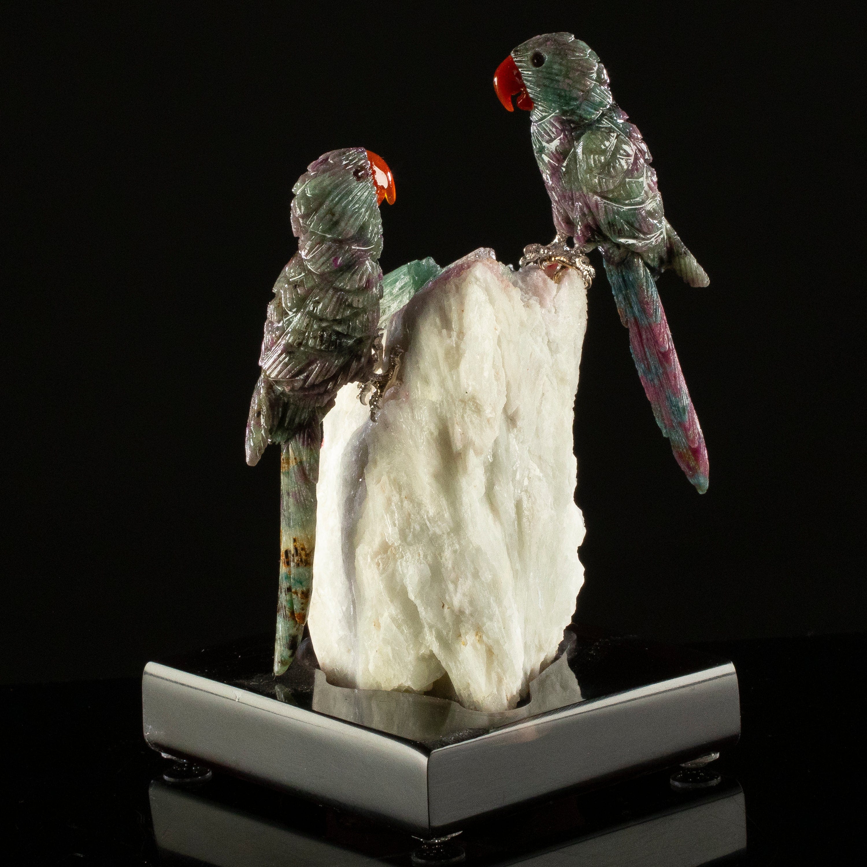 KALIFANO Love Birds Carvings Peter Muller Ruby Macaw Couple Carving on Watermelon Tourmaline Base LB.C215.020