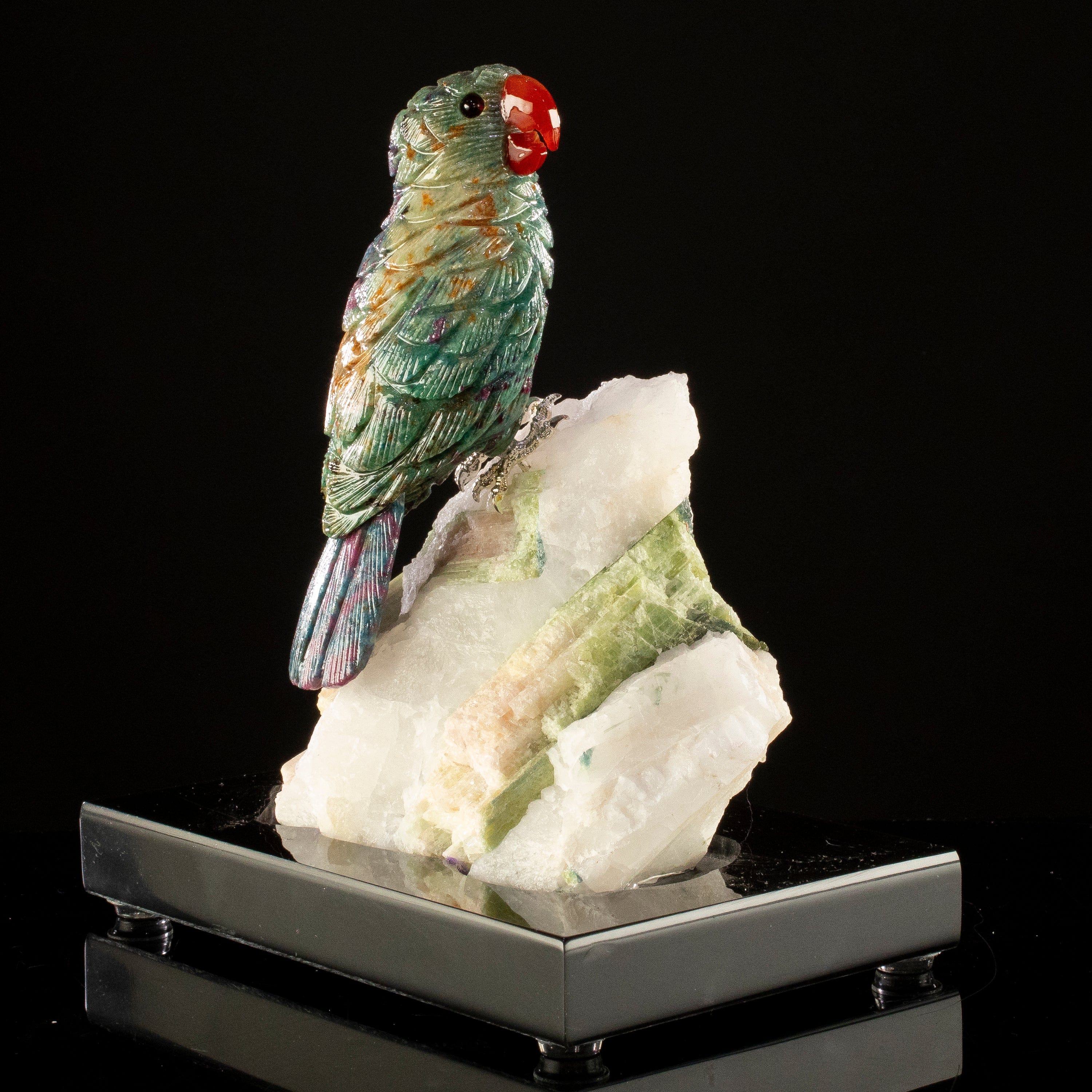 KALIFANO Love Birds Carvings Peter Muller Ruby Parrot Carving on Watermelon Tourmaline Base LB.B128.004