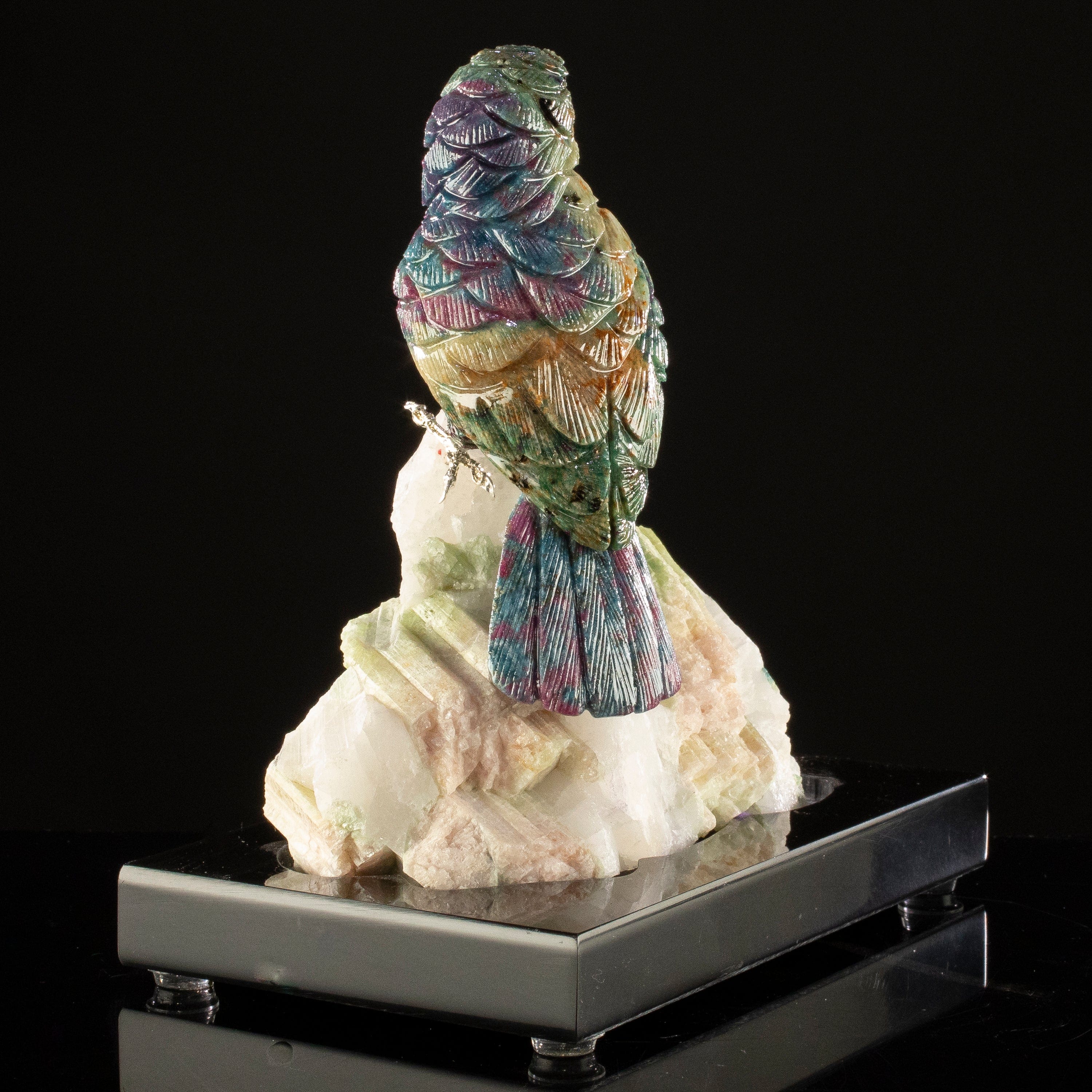 KALIFANO Love Birds Carvings Peter Muller Ruby Parrot Carving on Watermelon Tourmaline Base LB.B128.004