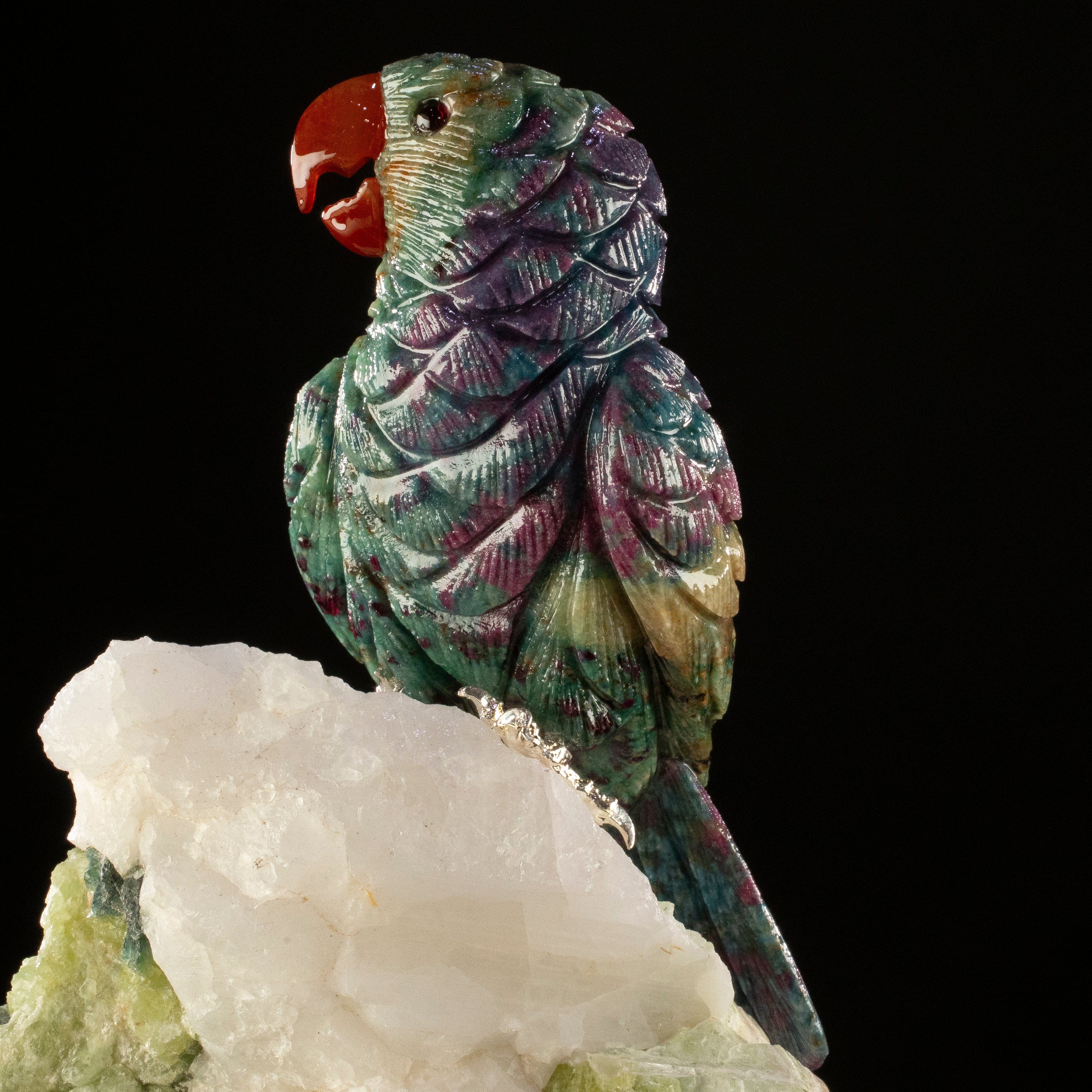 KALIFANO Love Birds Carvings Peter Muller Ruby Parrot Carving on Watermelon Tourmaline Base LB.B128.004