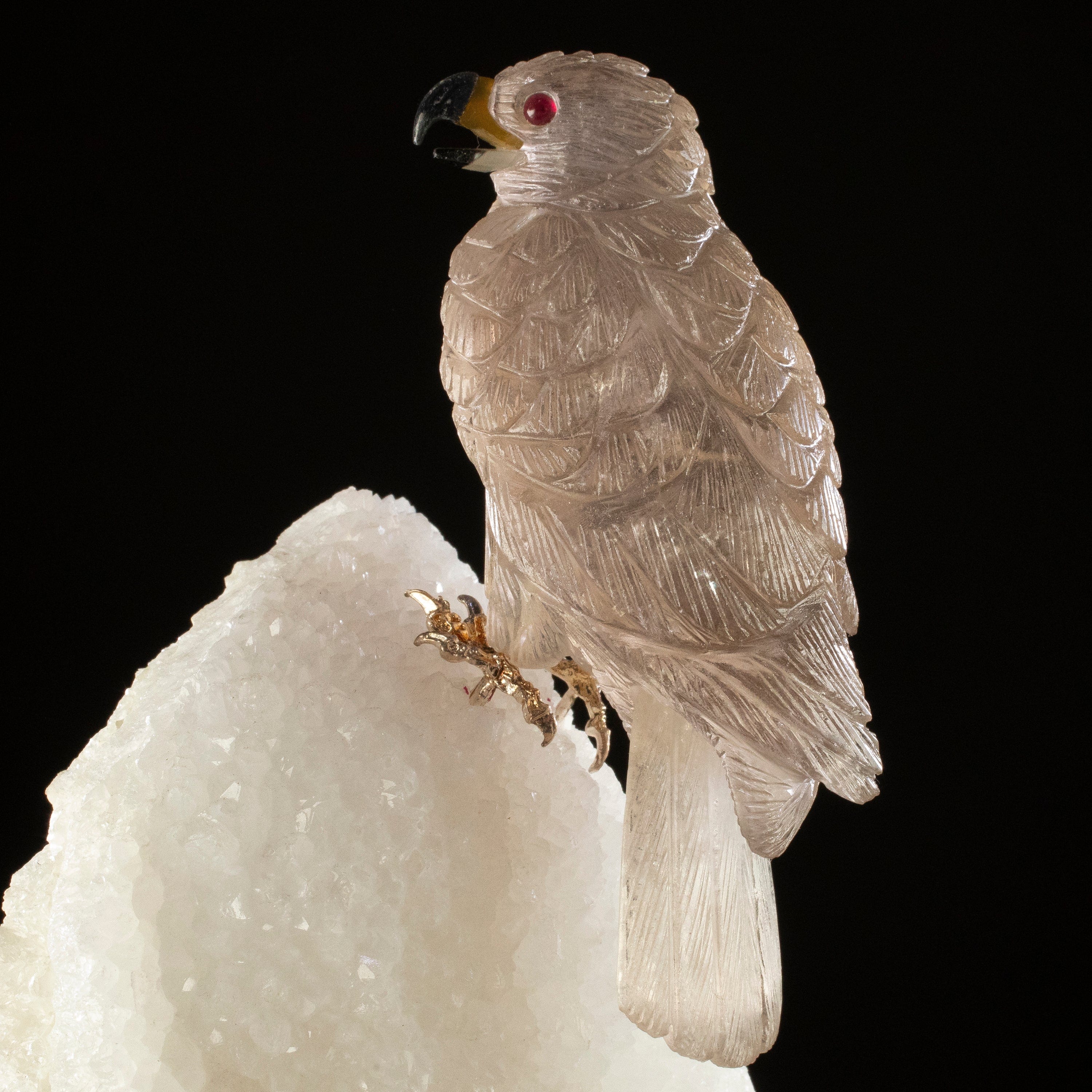 KALIFANO Love Birds Carvings Peter Muller Smoky Quartz Falcon Carving on Quartz Geode Base LB.A163.006