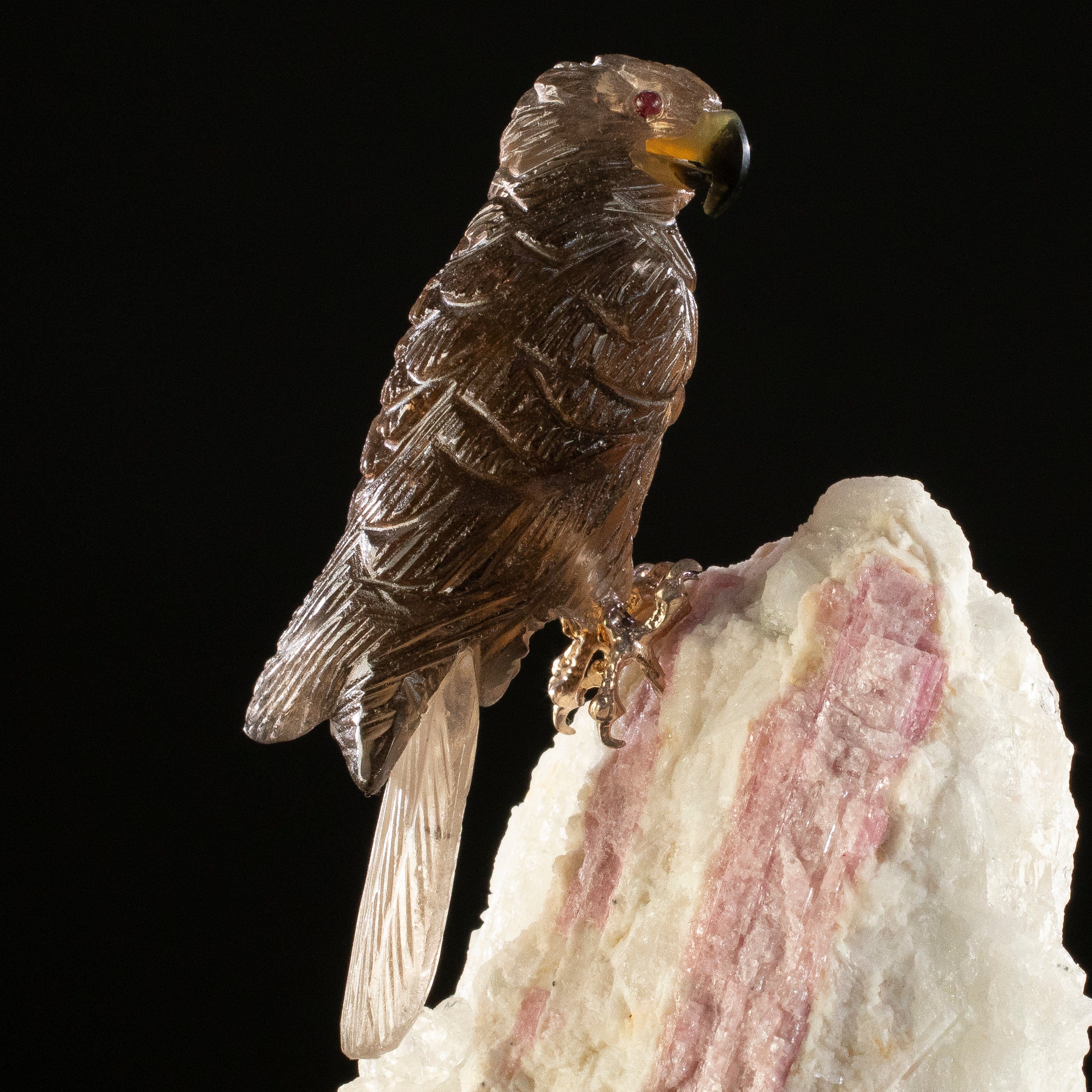 KALIFANO Love Birds Carvings Peter Muller Smoky Quartz Falcon Carving on Rubellite Base LB.C142.016