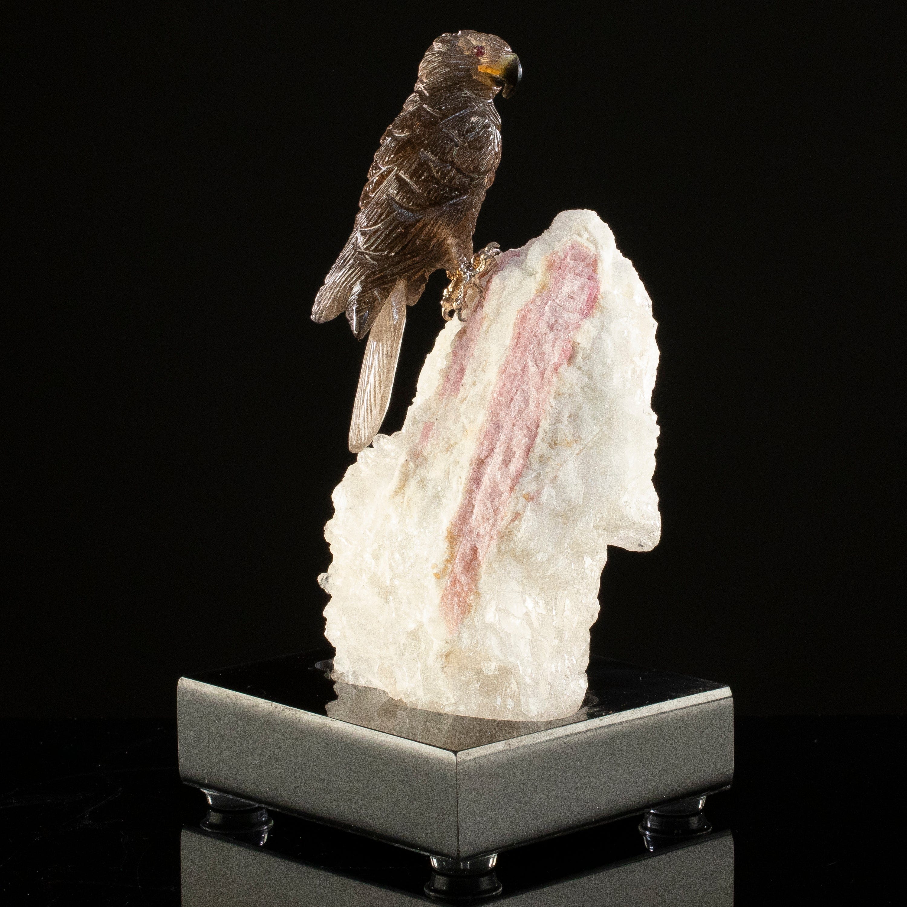 KALIFANO Love Birds Carvings Peter Muller Smoky Quartz Falcon Carving on Rubellite Base LB.C142.016