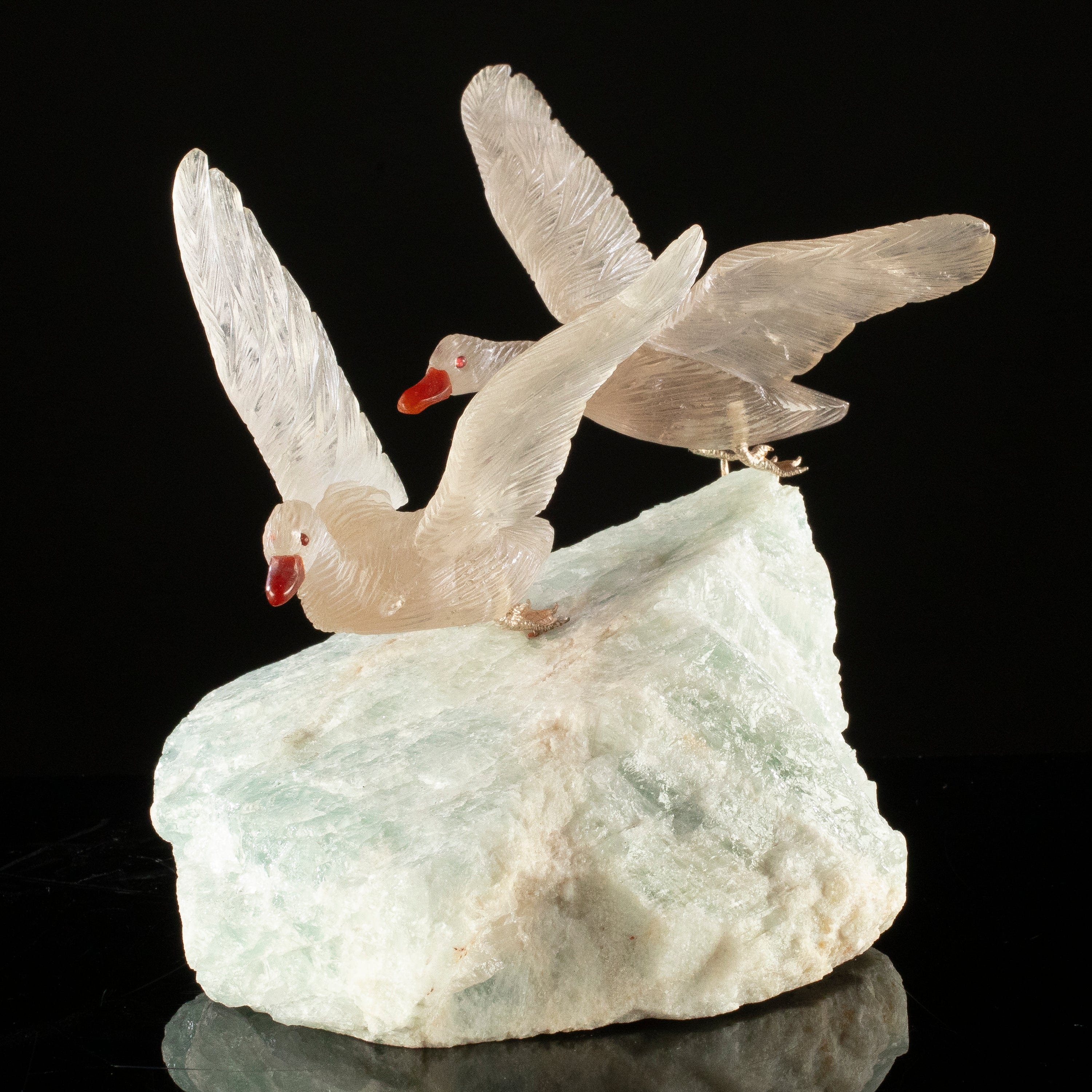 KALIFANO Love Birds Carvings Peter Muller Smoky Quartz Goose Couple Carving on Aquamarine Base LB.A238.009