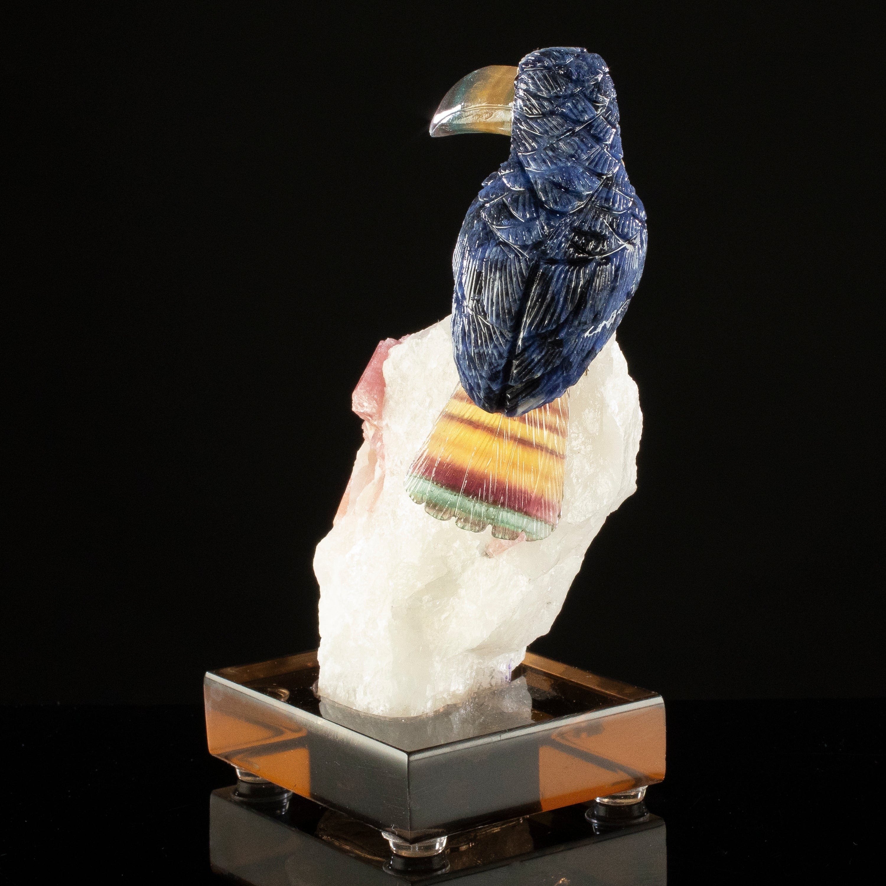 KALIFANO Love Birds Carvings Peter Muller Sodalite & Fluorite Toucan Carving on Rubellite Base LB.B113.001