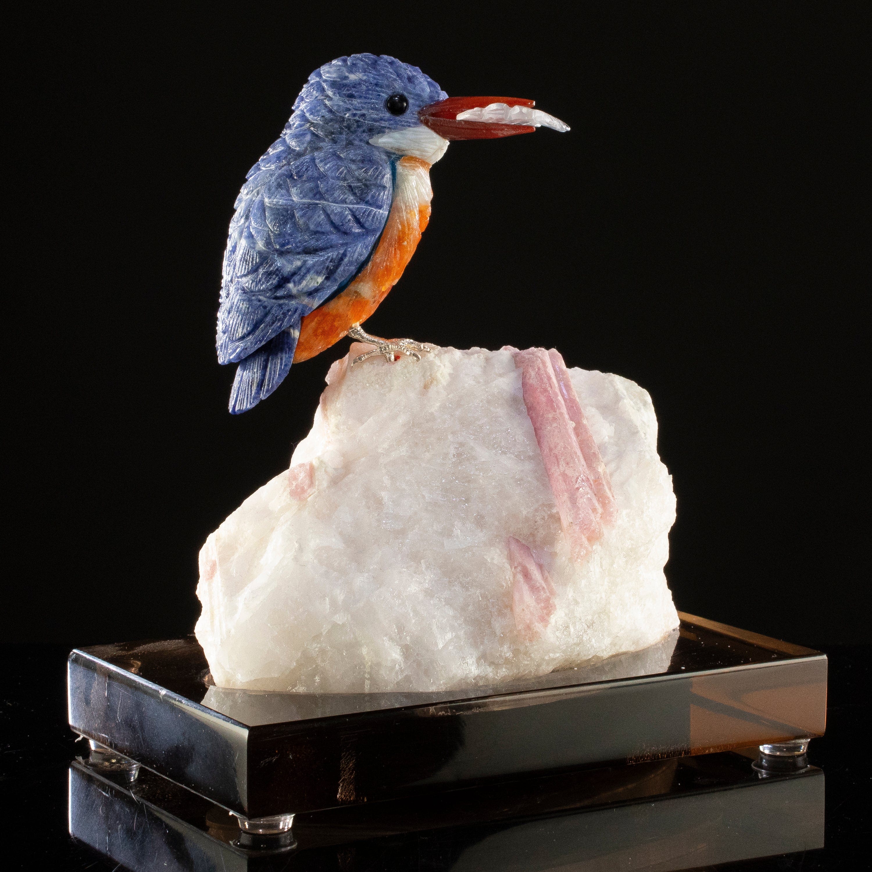 KALIFANO Love Birds Carvings Peter Muller Sodalite Kingfisher Carving on Rubellite Base LB.A130.007