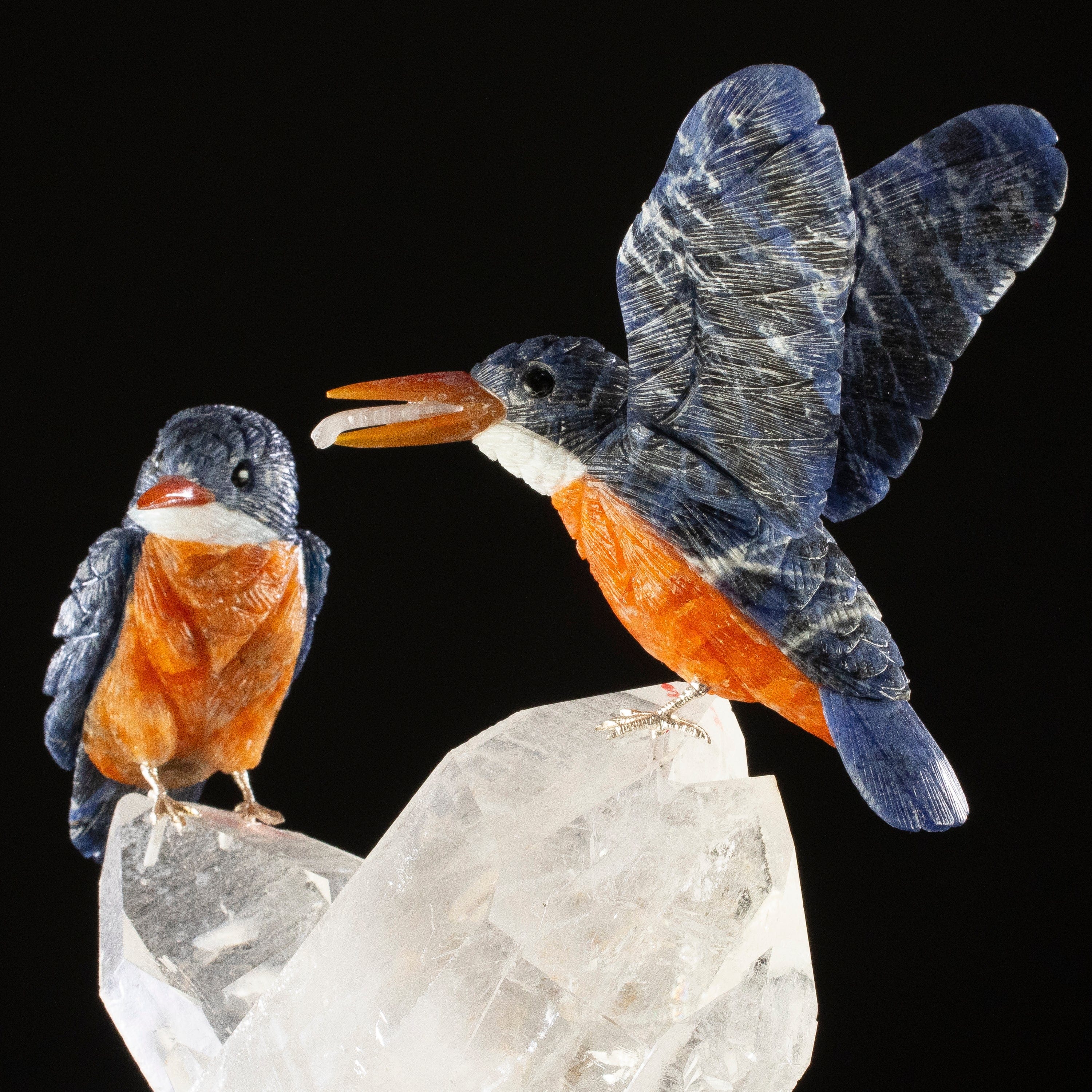 KALIFANO Love Birds Carvings Peter Muller Sodalite Kingfisher Couple Carving on Quartz Cluster Base LB.A430.001