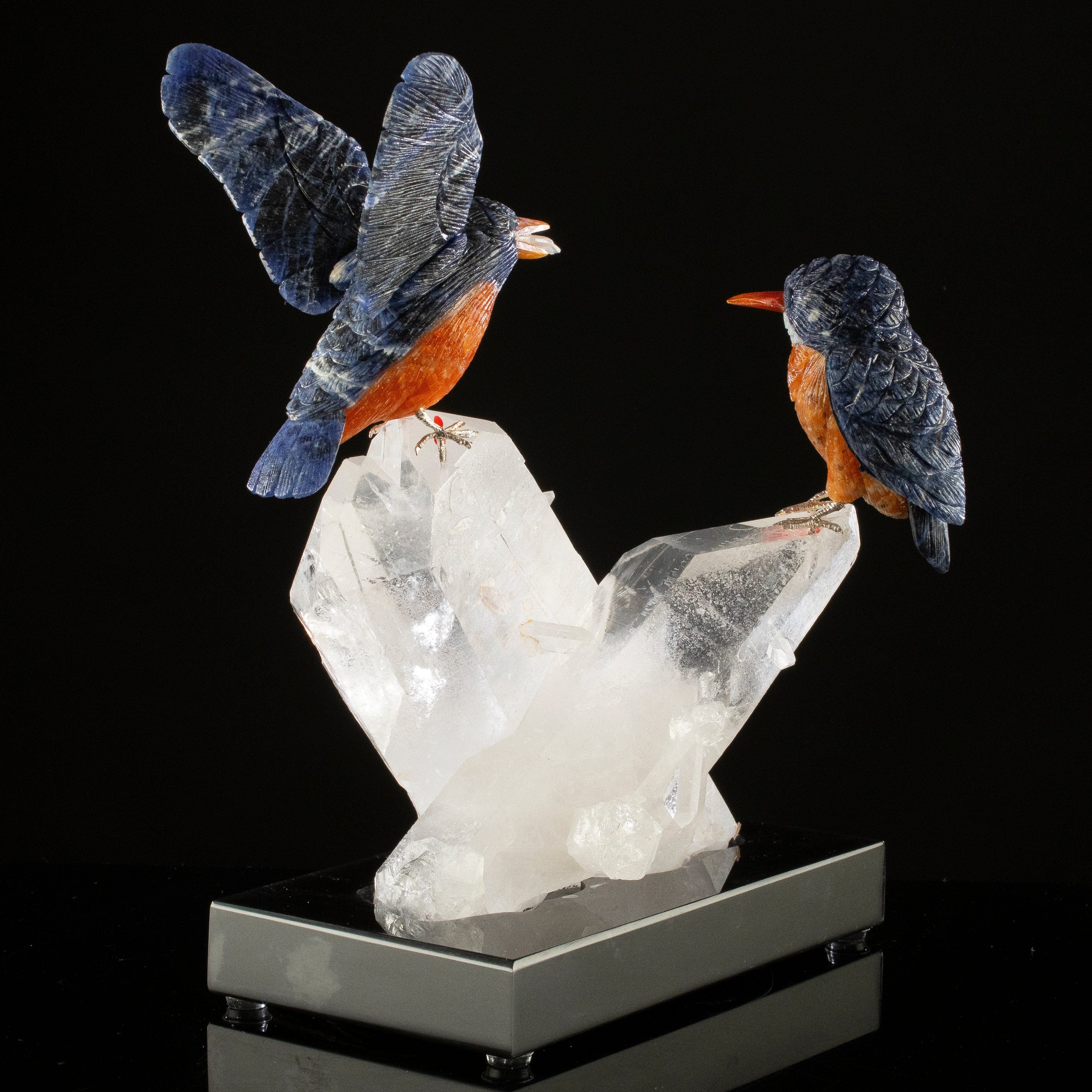 KALIFANO Love Birds Carvings Peter Muller Sodalite Kingfisher Couple Carving on Quartz Cluster Base LB.A430.001